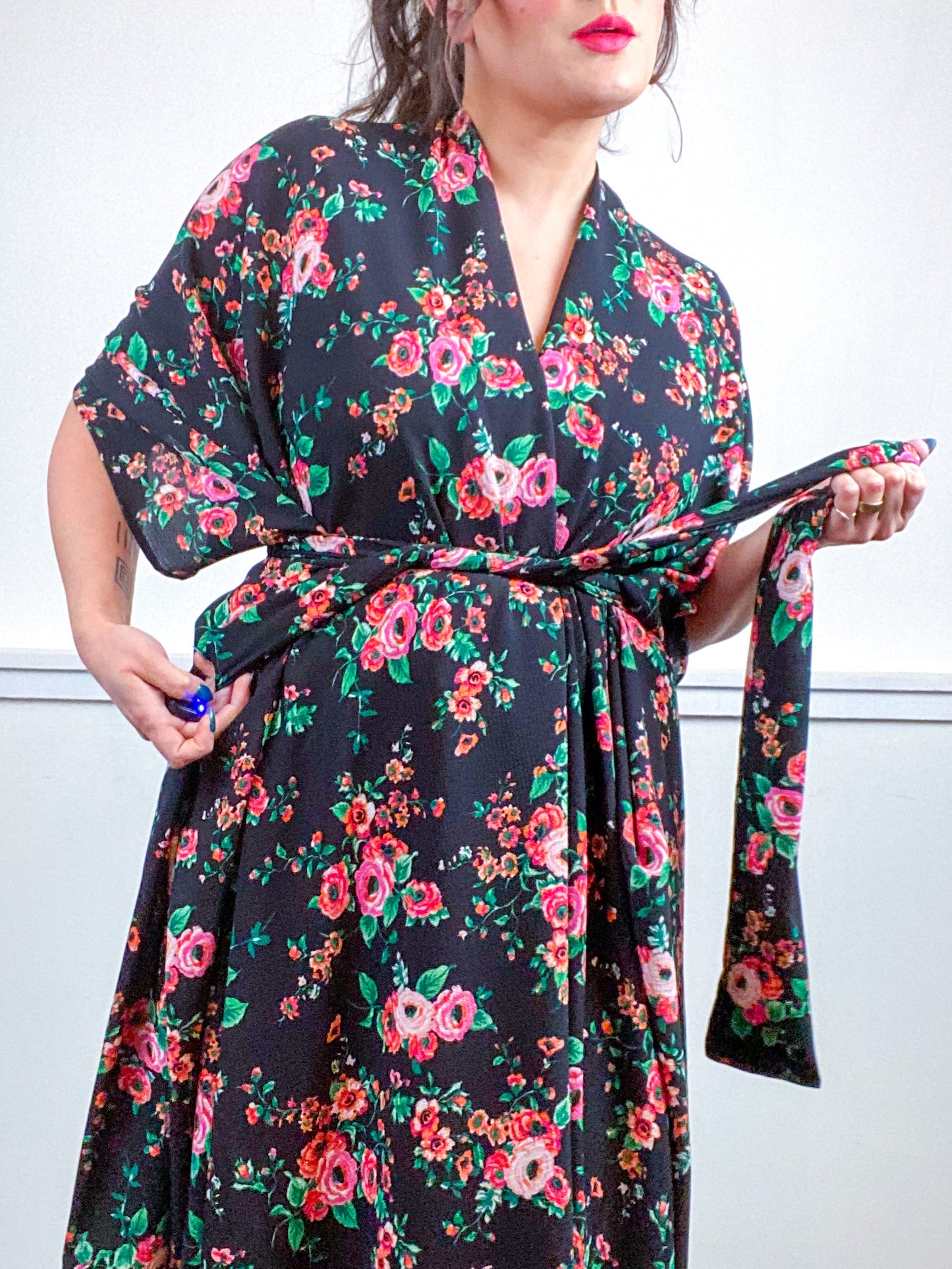 Print High Low Kimono Black Orange Pink Rose Bubble Crepe