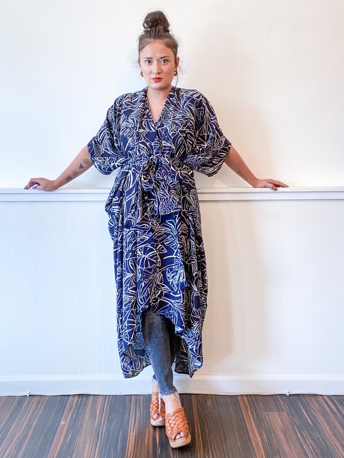 Print High Low Kimono Navy Pineapple Tropical Heavy Crepe