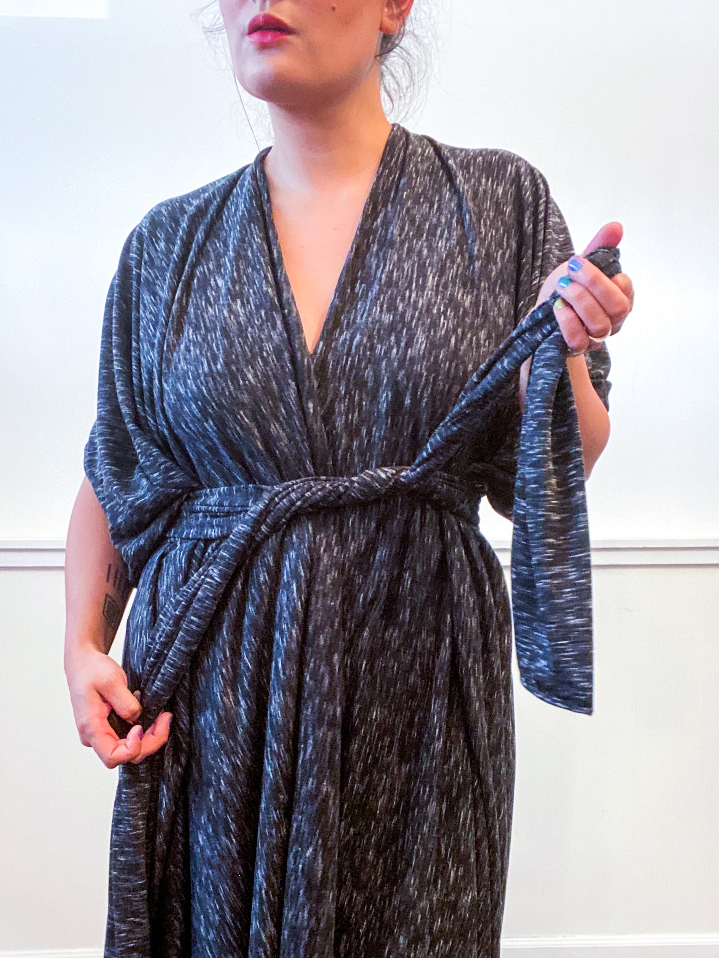 Solid High Low Kimono Charcoal Slub Sweater Knit