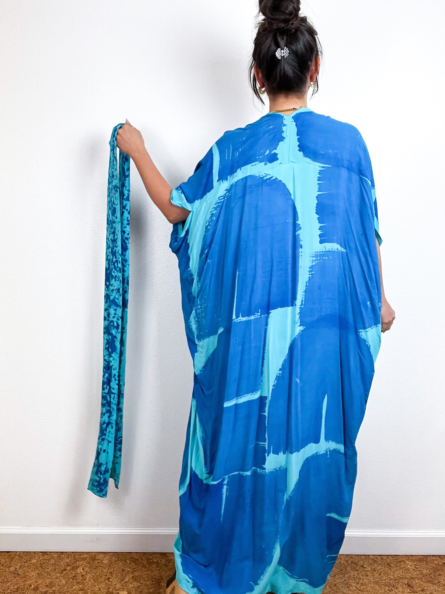 Hand-Dyed High Low Kimono Aqua Blue Brushstroke