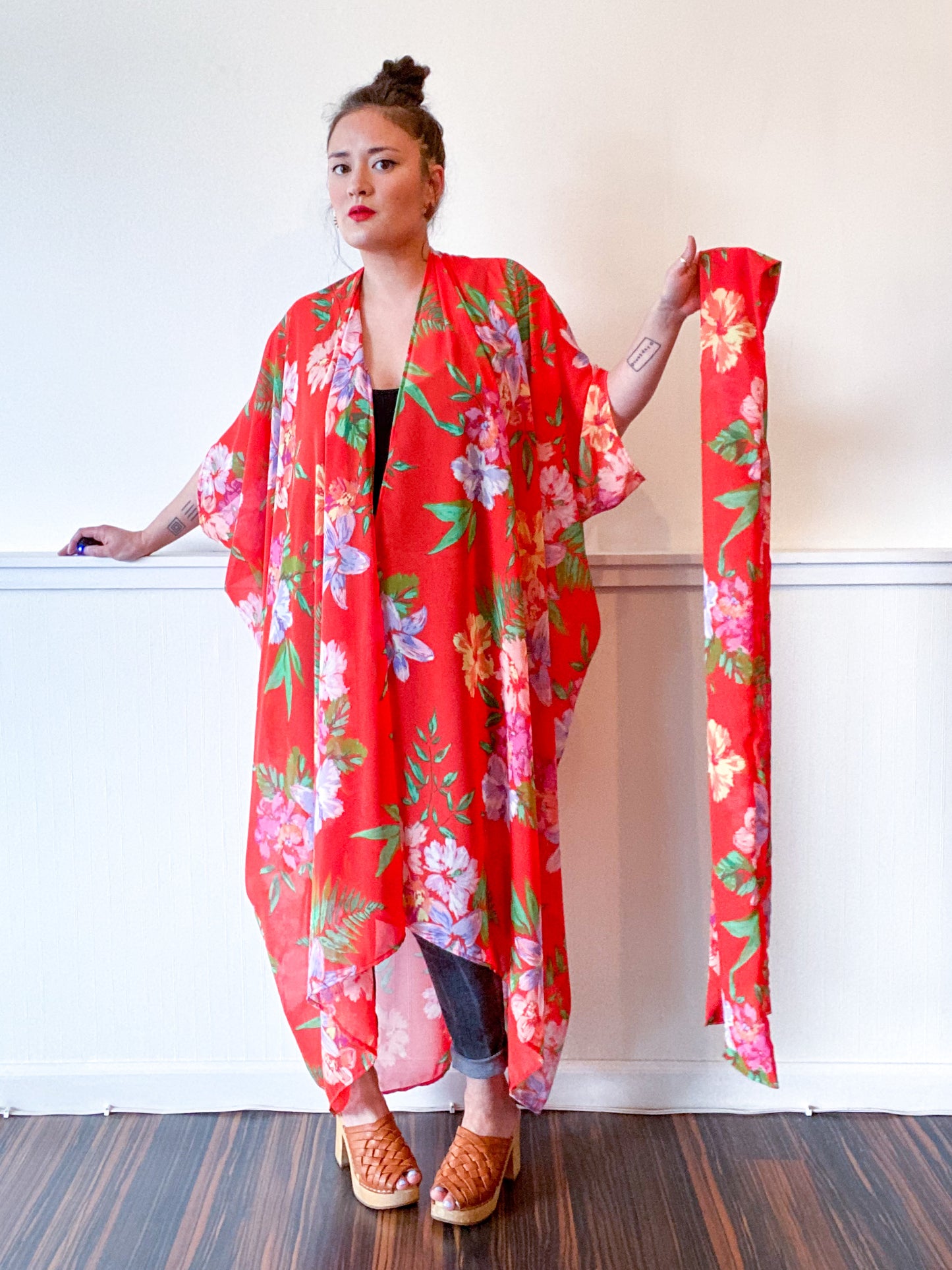 Print High Low Kimono Orange Tropical Floral Chiffon