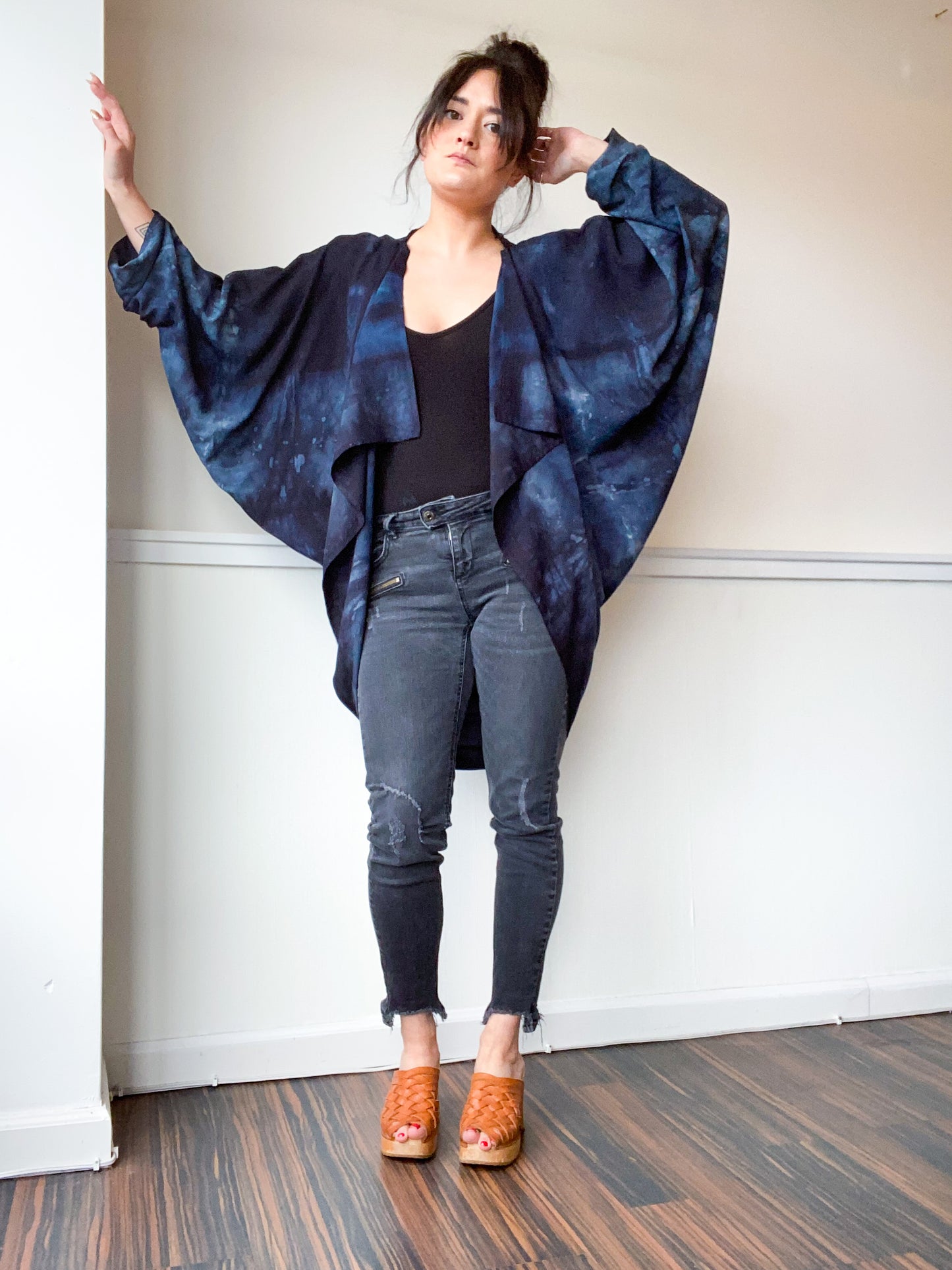 Hand-Dyed Waterfall Kimono Soft Black Lines