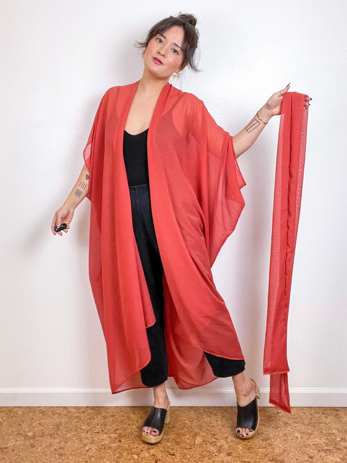 Solid High Low Kimono Persimmon Crinkle Chiffon