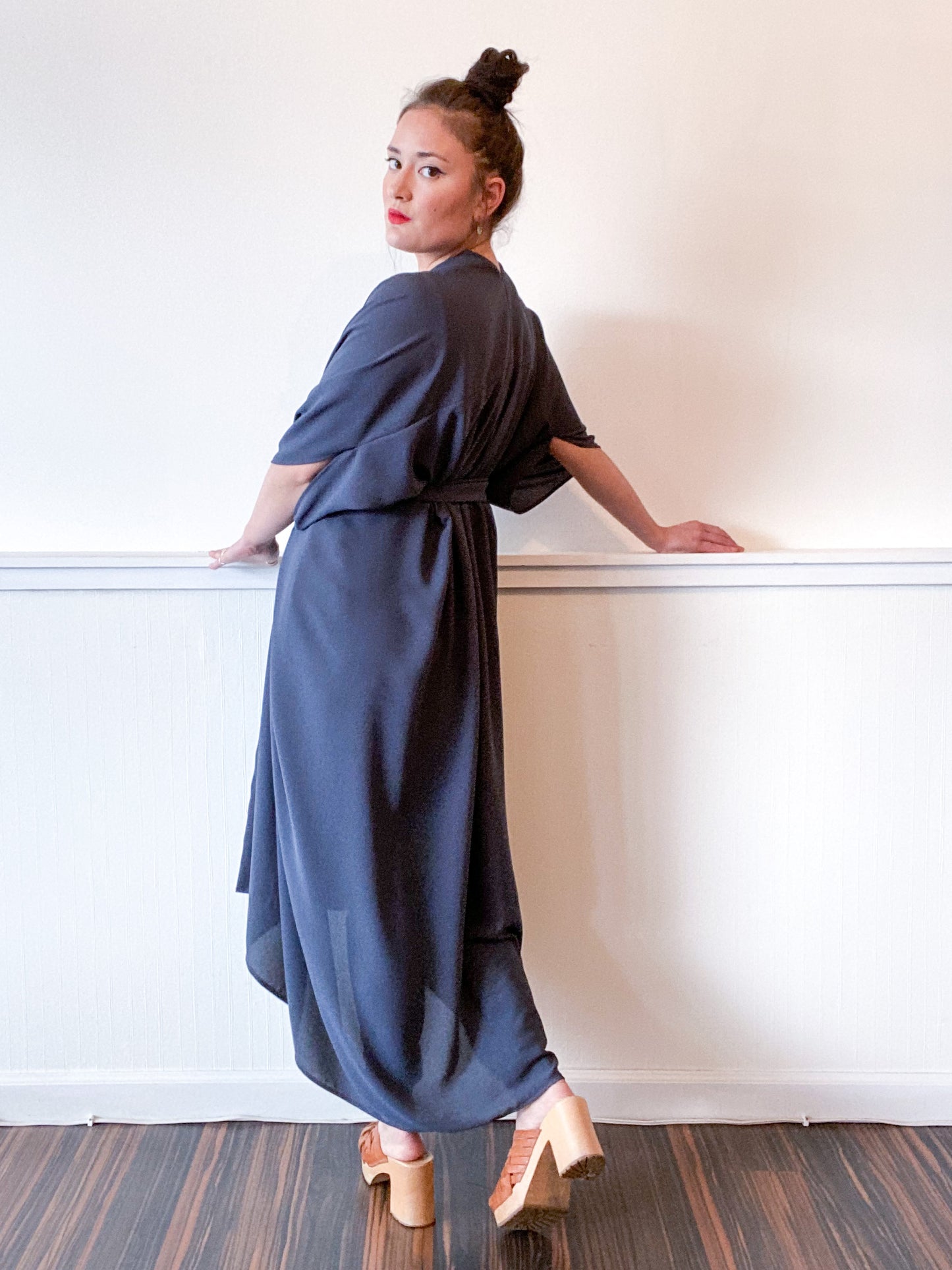 Print High Low Kimono Steel Blue Double Georgette