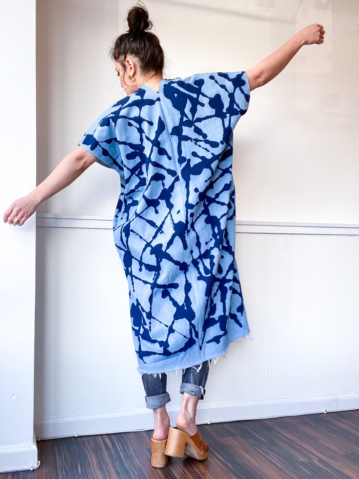 Denim Midi Smock Dress Indigo Lines Size Medium