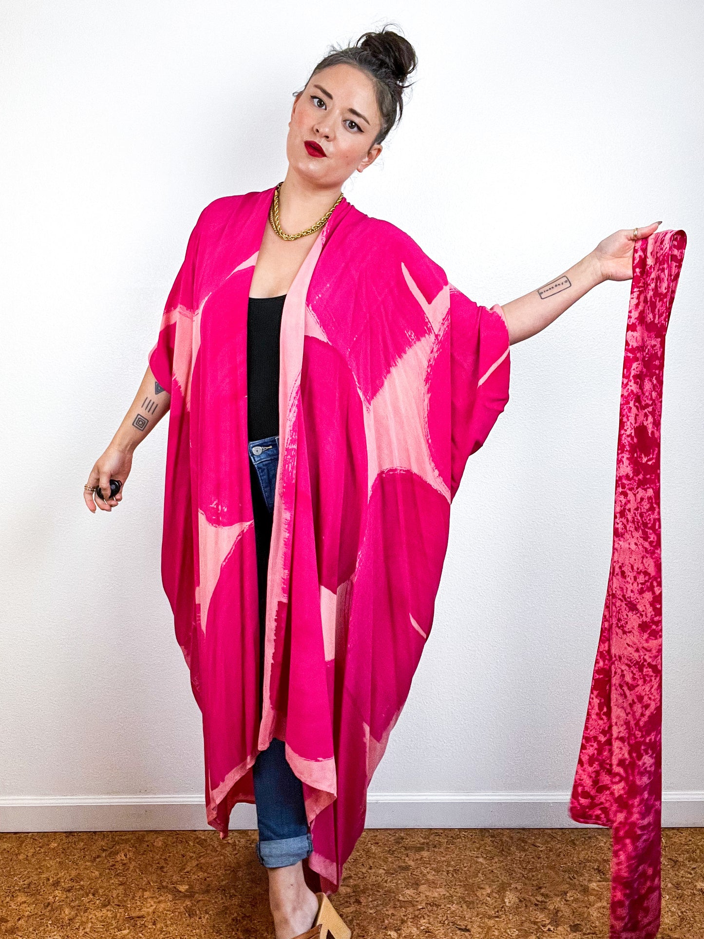 Hand-Dyed High Low Kimono Peach Fuchsia Brushstroke