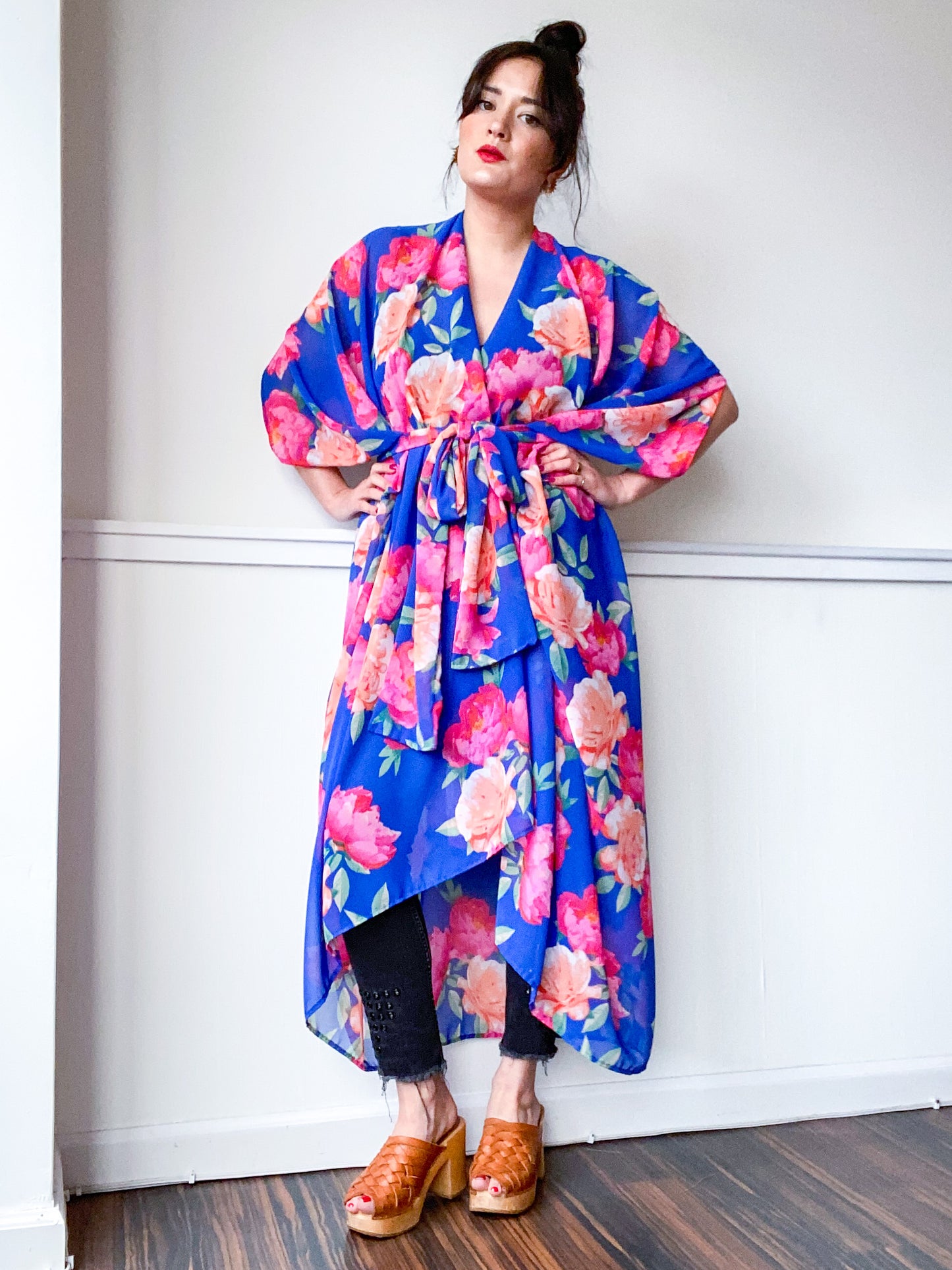 Print High Low Kimono Royal Peonies