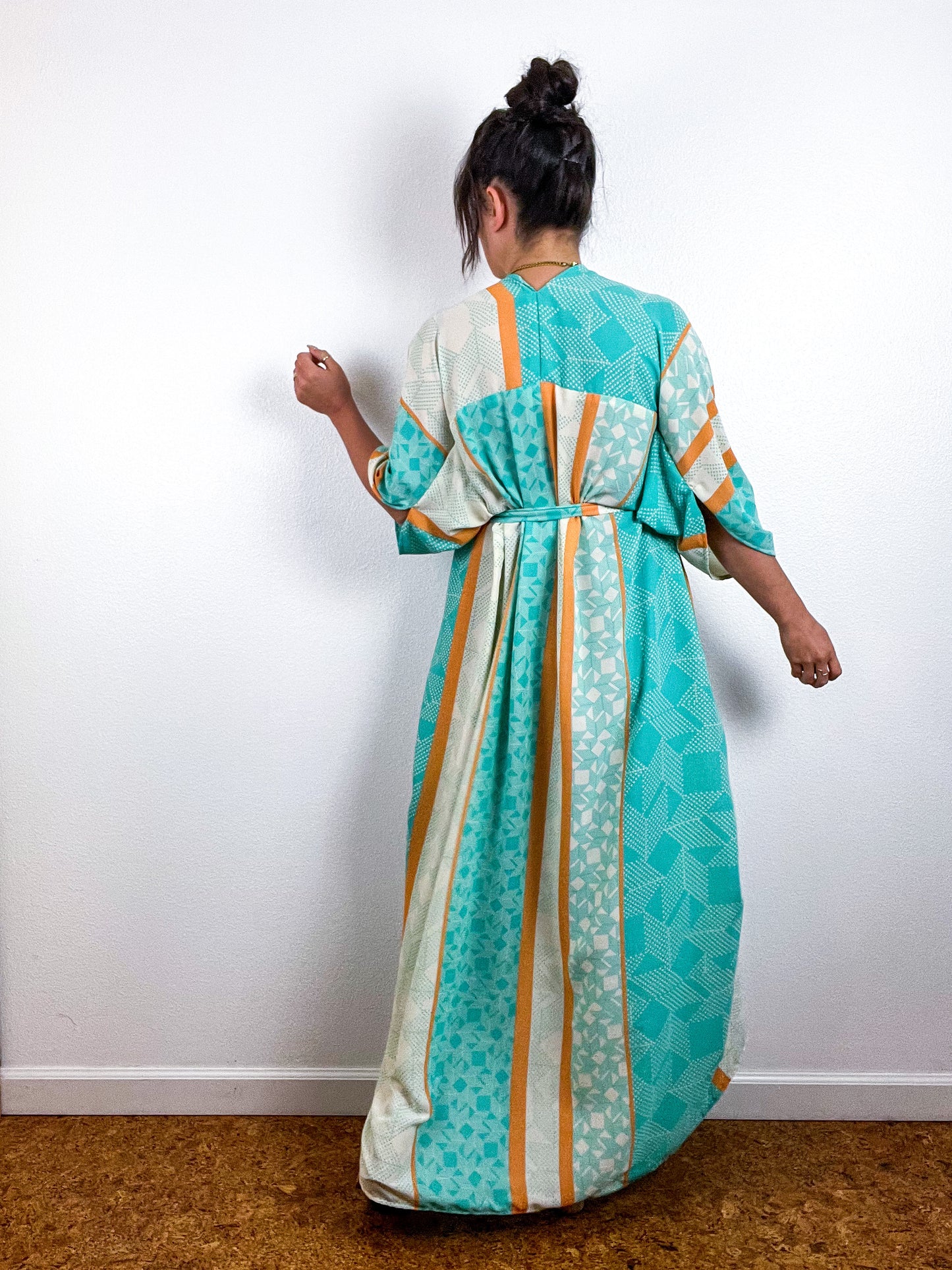 Print High Low Kimono Seafoam Orange Triangles Georgette