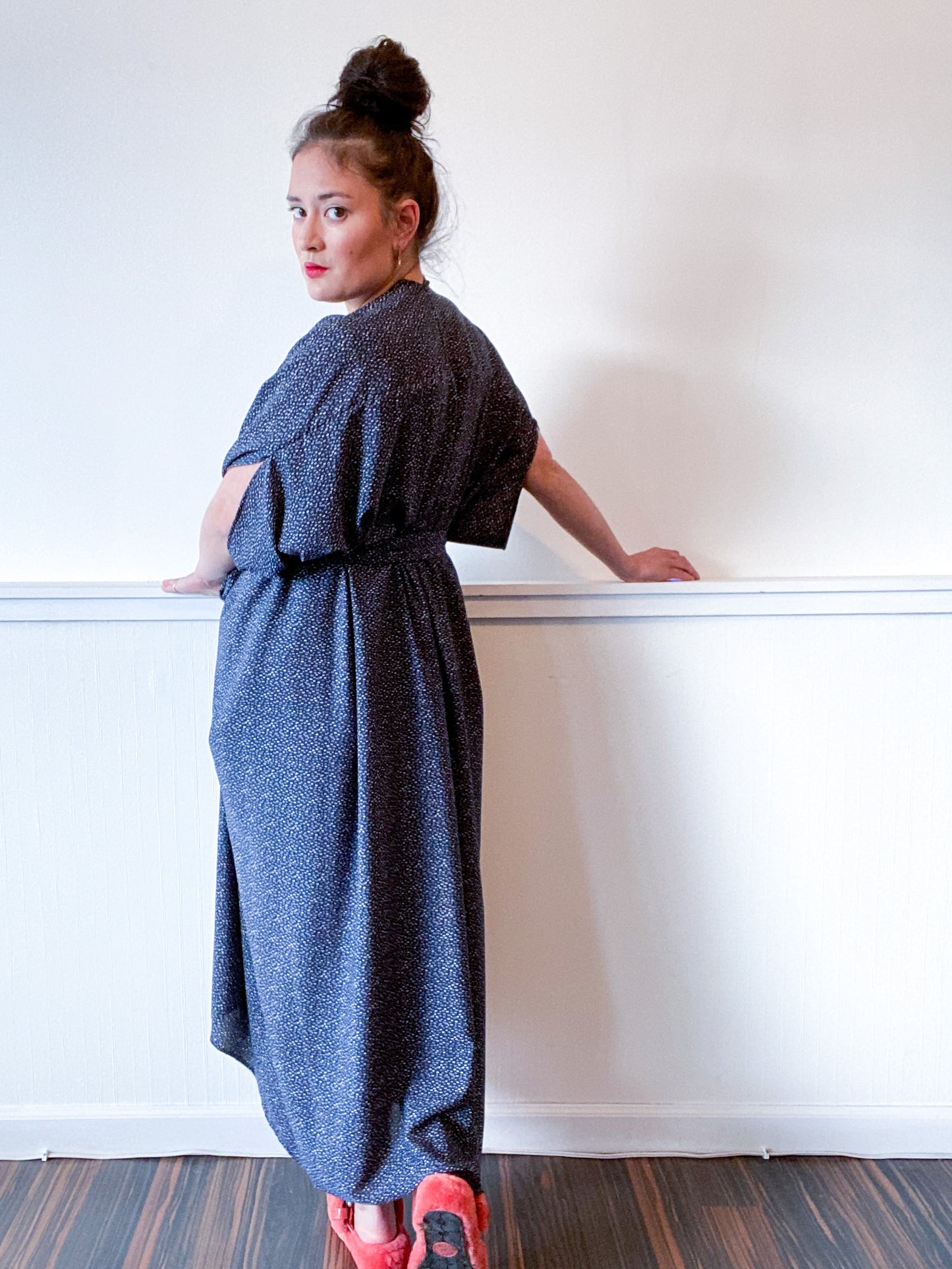 Print High Low Kimono Navy Mini Dots Crepe de Chine