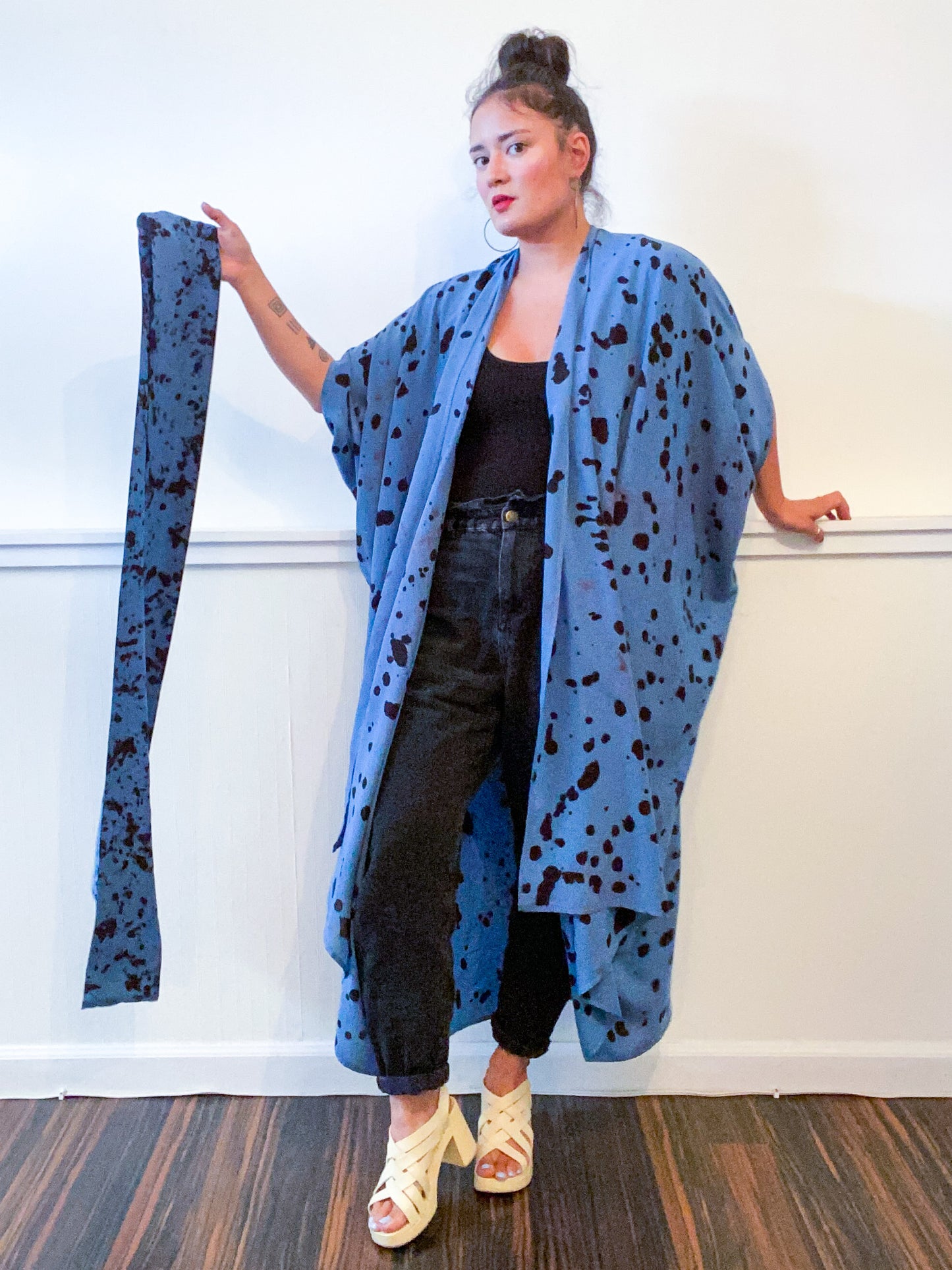 Hand-Dyed High Low Kimono Blue Black Pink Drops
