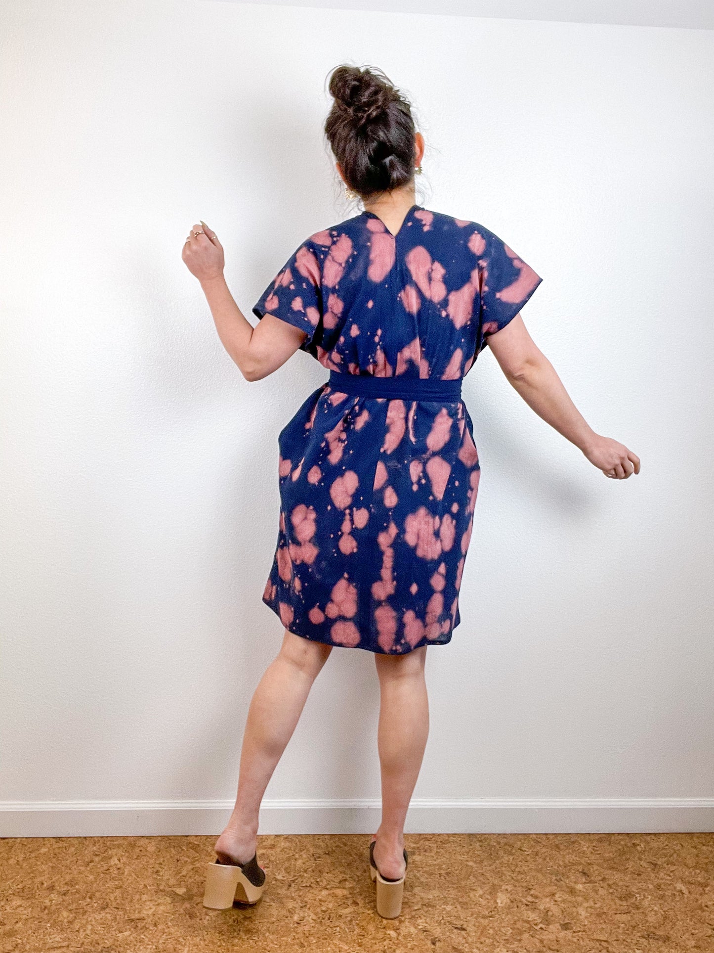 Single Gauze Mini Caftan Dress Navy Peach