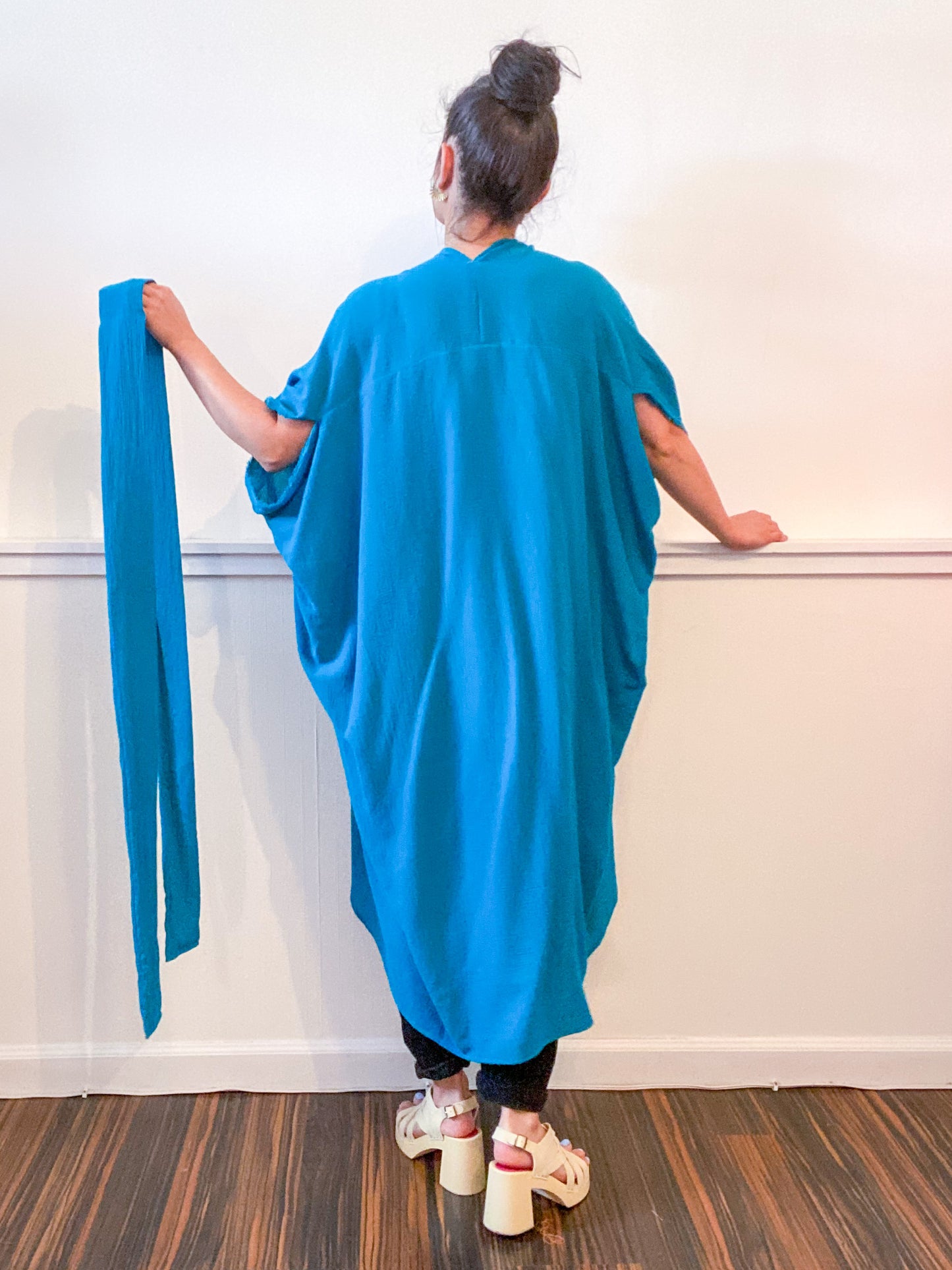 Solid High Low Kimono Turquoise Cotton Gauze