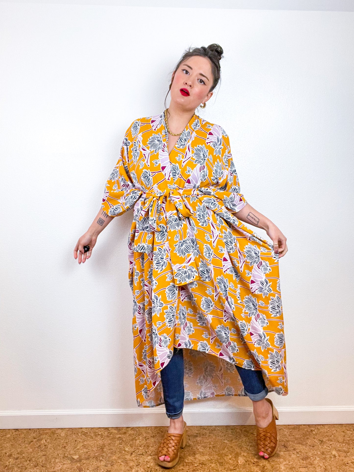 High Low Kimono Marigold Lotus Rayon Crepe