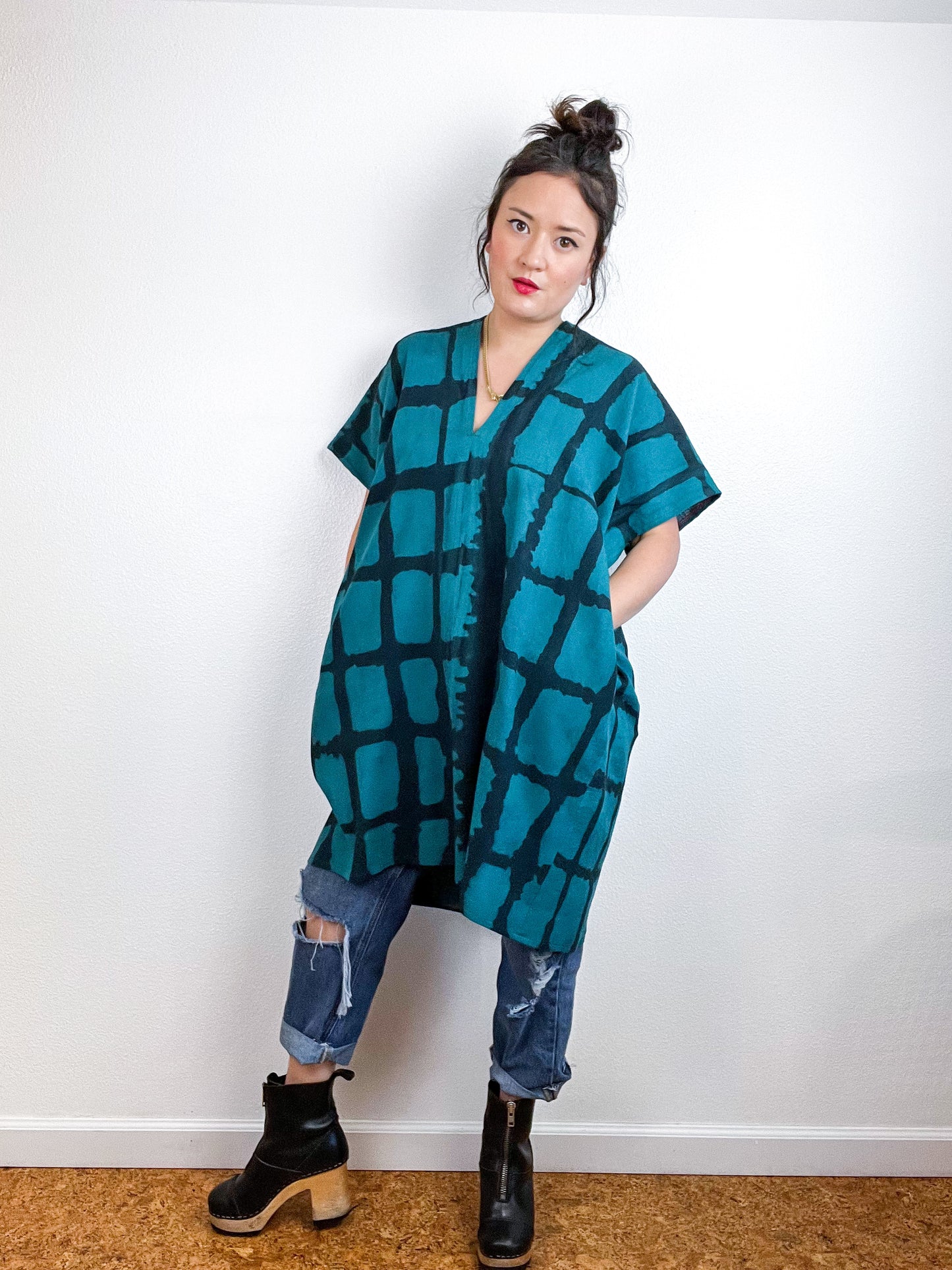 Hand-Dyed Mini Smock Dress Teal Black Windowpane