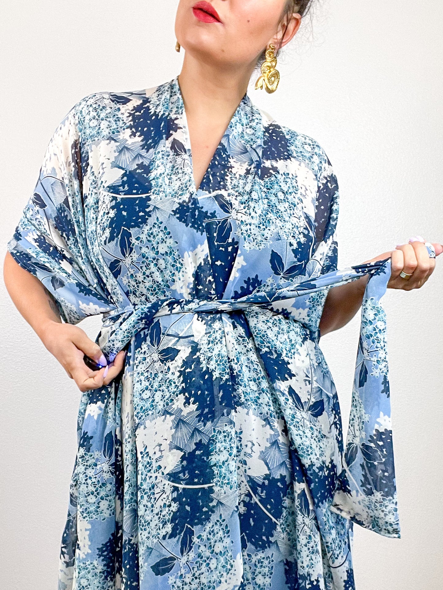 Print High Low Kimono Blue Hydrangea Floral Chiffon