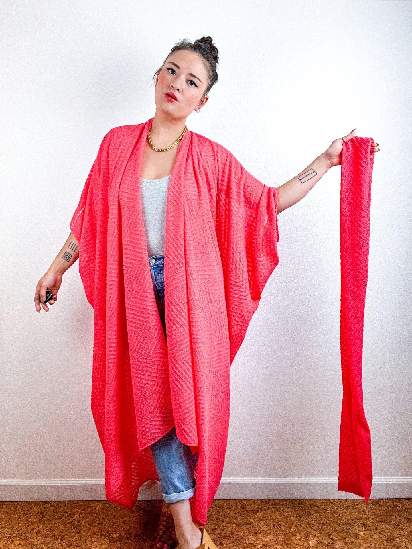 Solid High Low Kimono Coral Flocked Chevron Chiffon