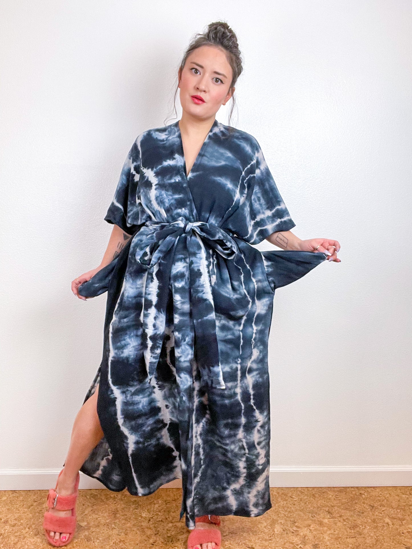 Single Gauze Duster Kimono Black Tie