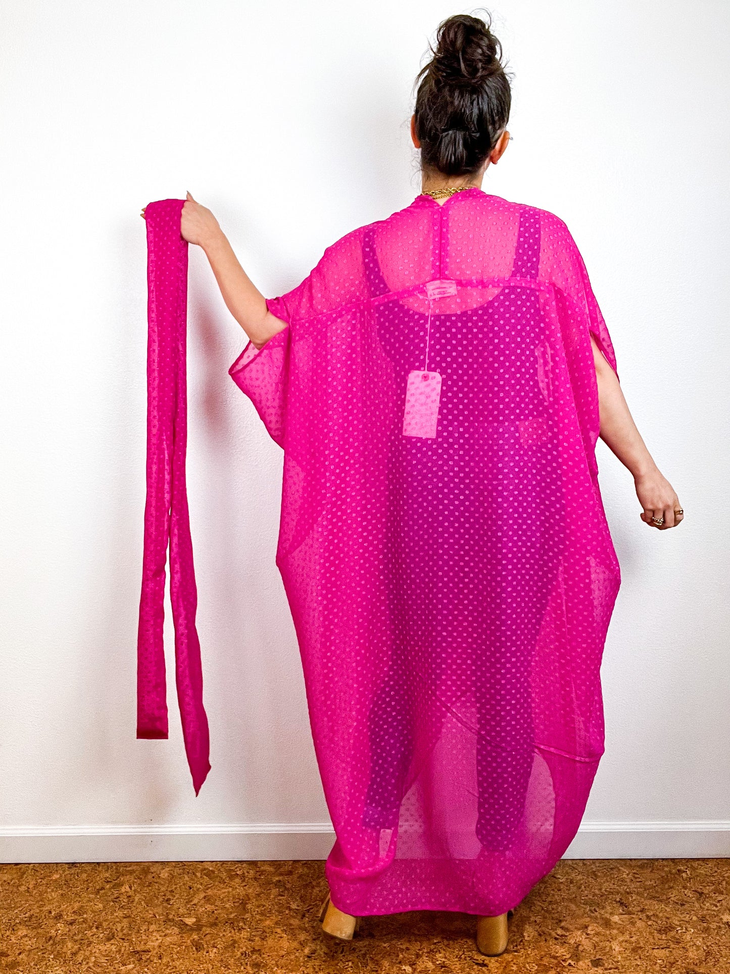 Solid High Low Kimono Fuchsia Swiss Dot Chiffon