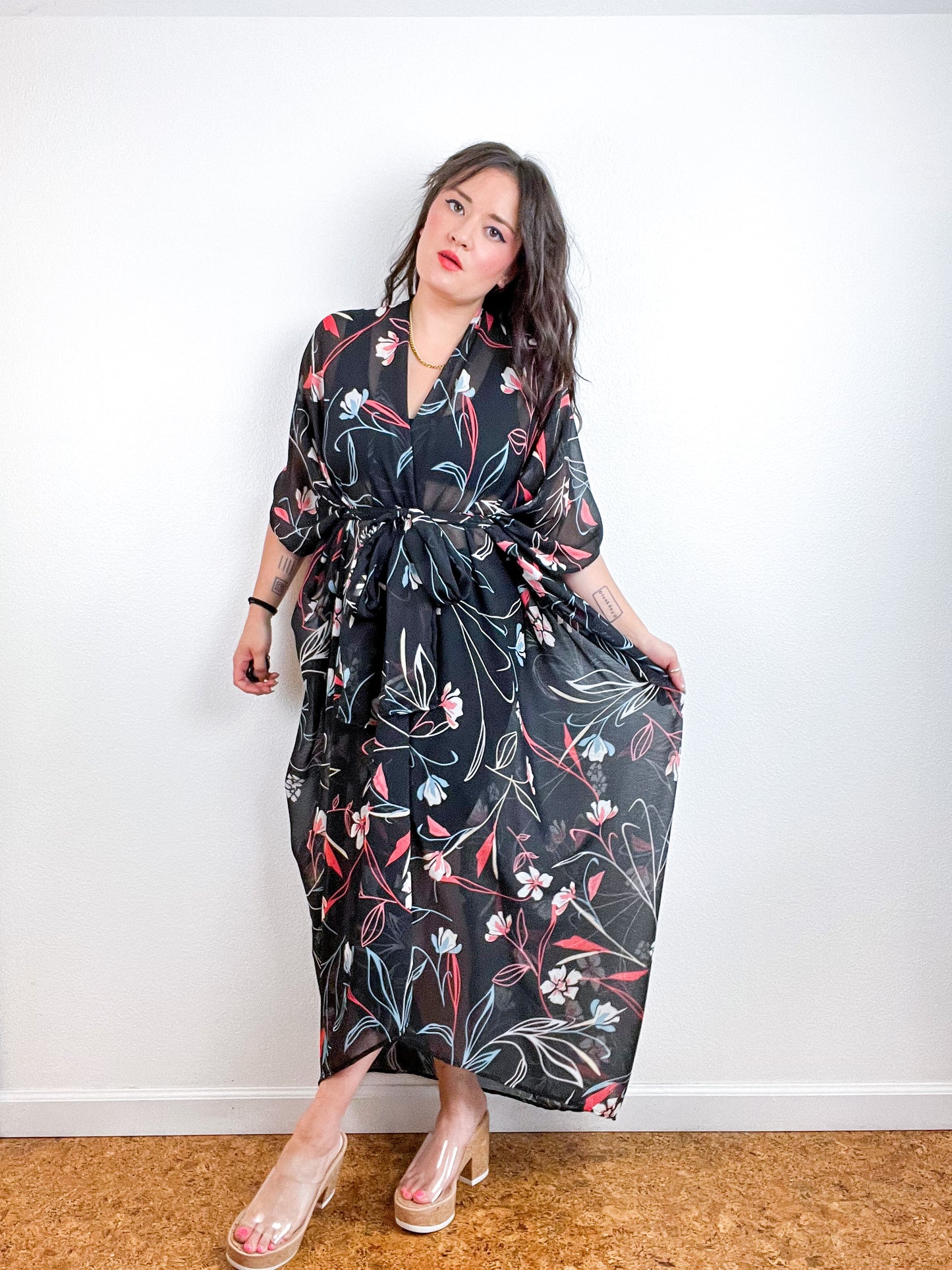 Print High Low Kimono Black Whispy Floral Crinkle Chiffon