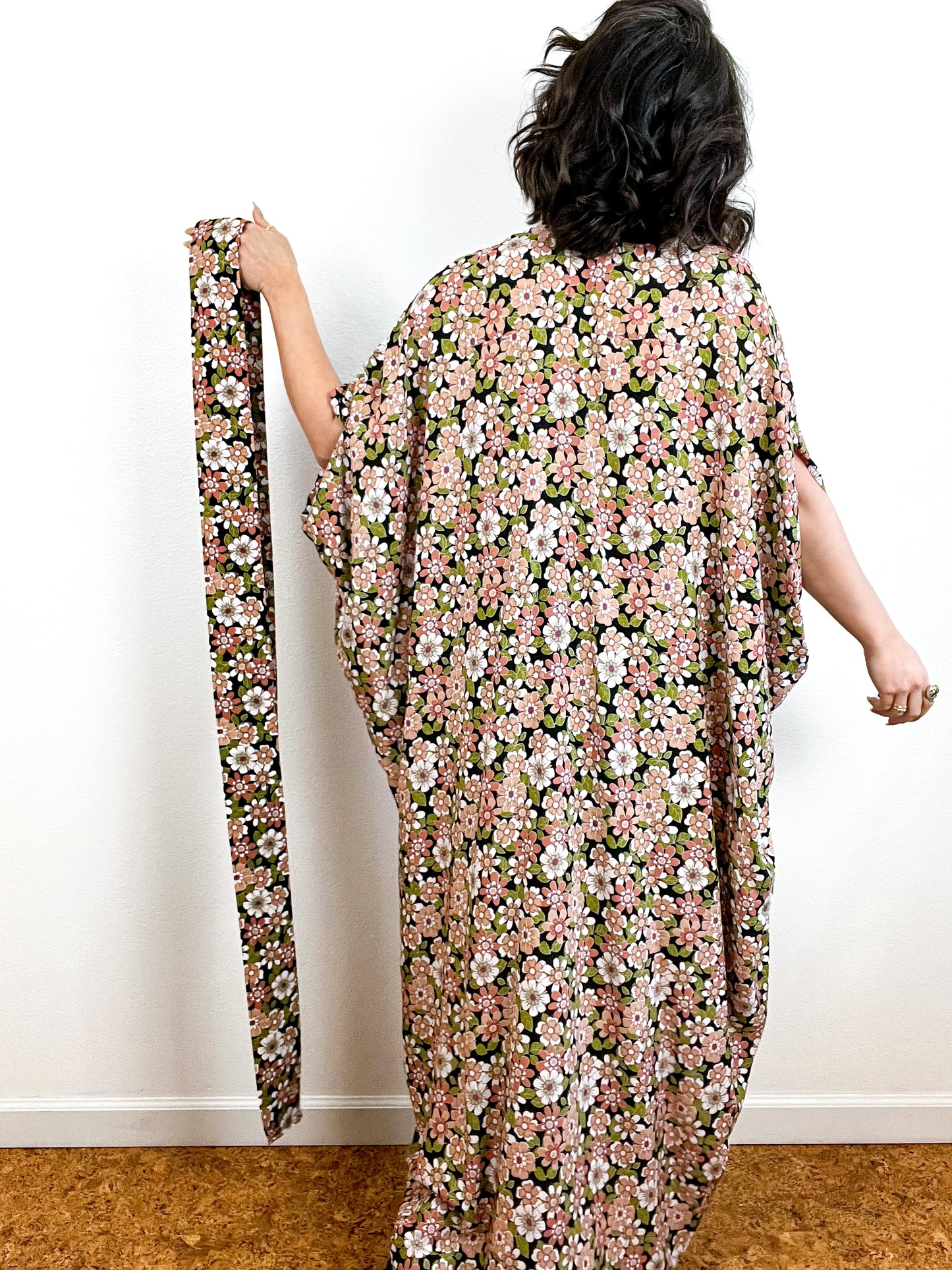 Print High Low Kimono Black Peach Green Floral Challis