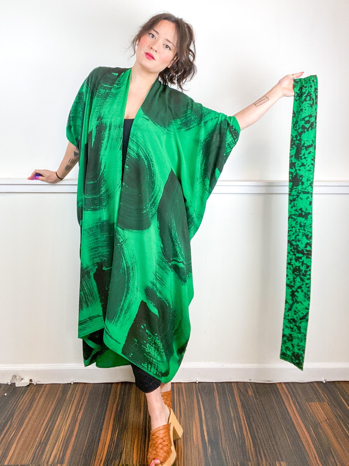 Hand-Dyed High Low Kimono Green Black Brushstroke
