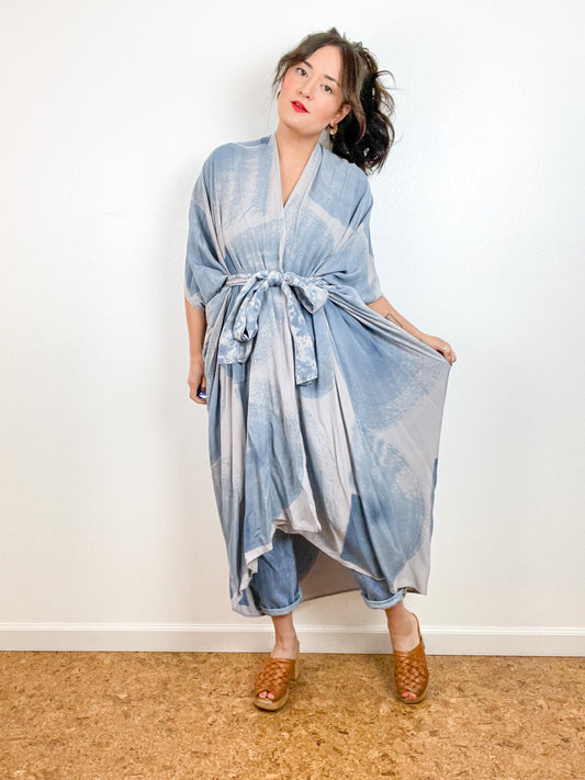 Hand-Dyed High Low Kimono Grey Blue Brushstroke