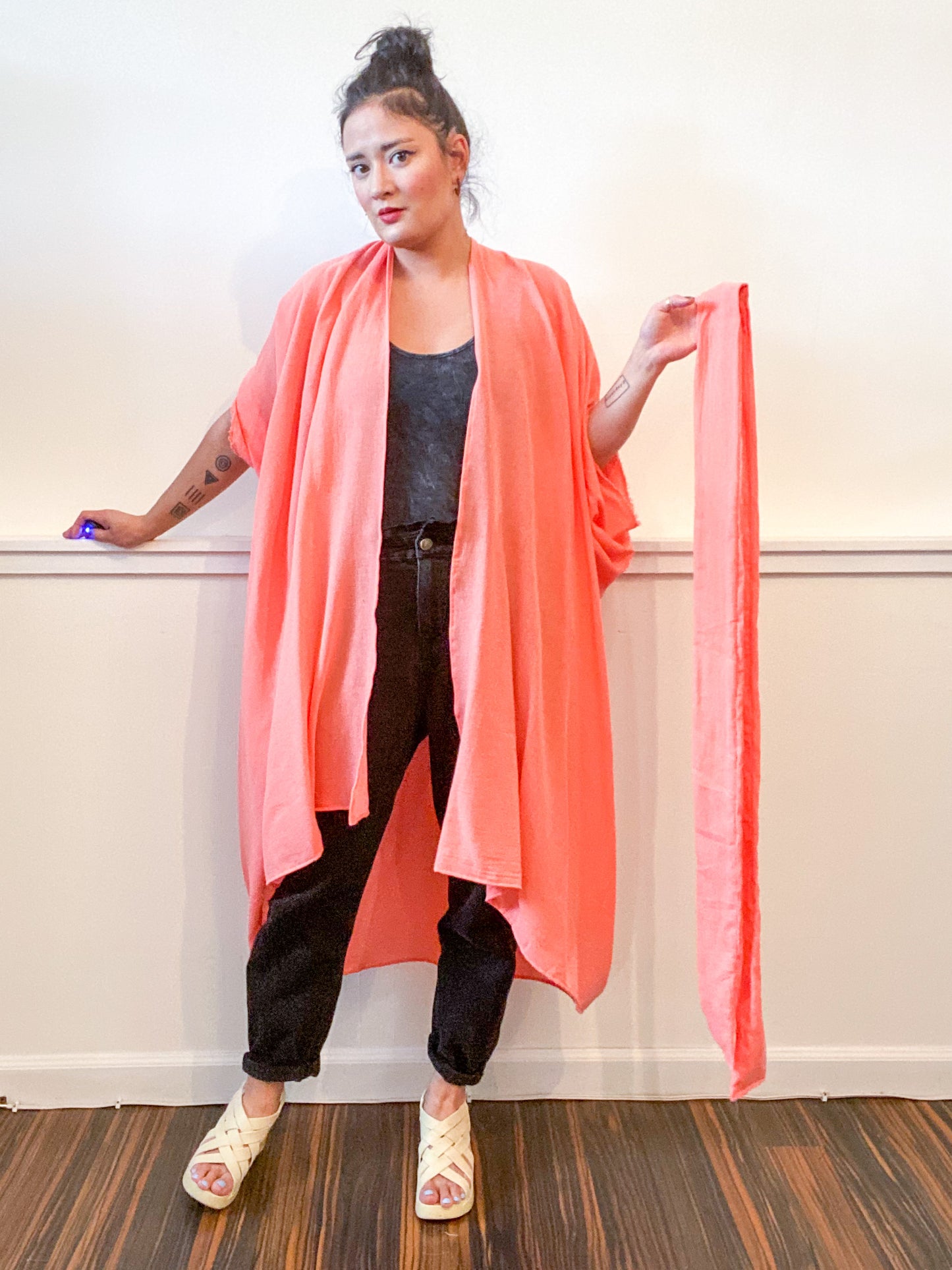 Solid High Low Kimono Peach Cotton Gauze