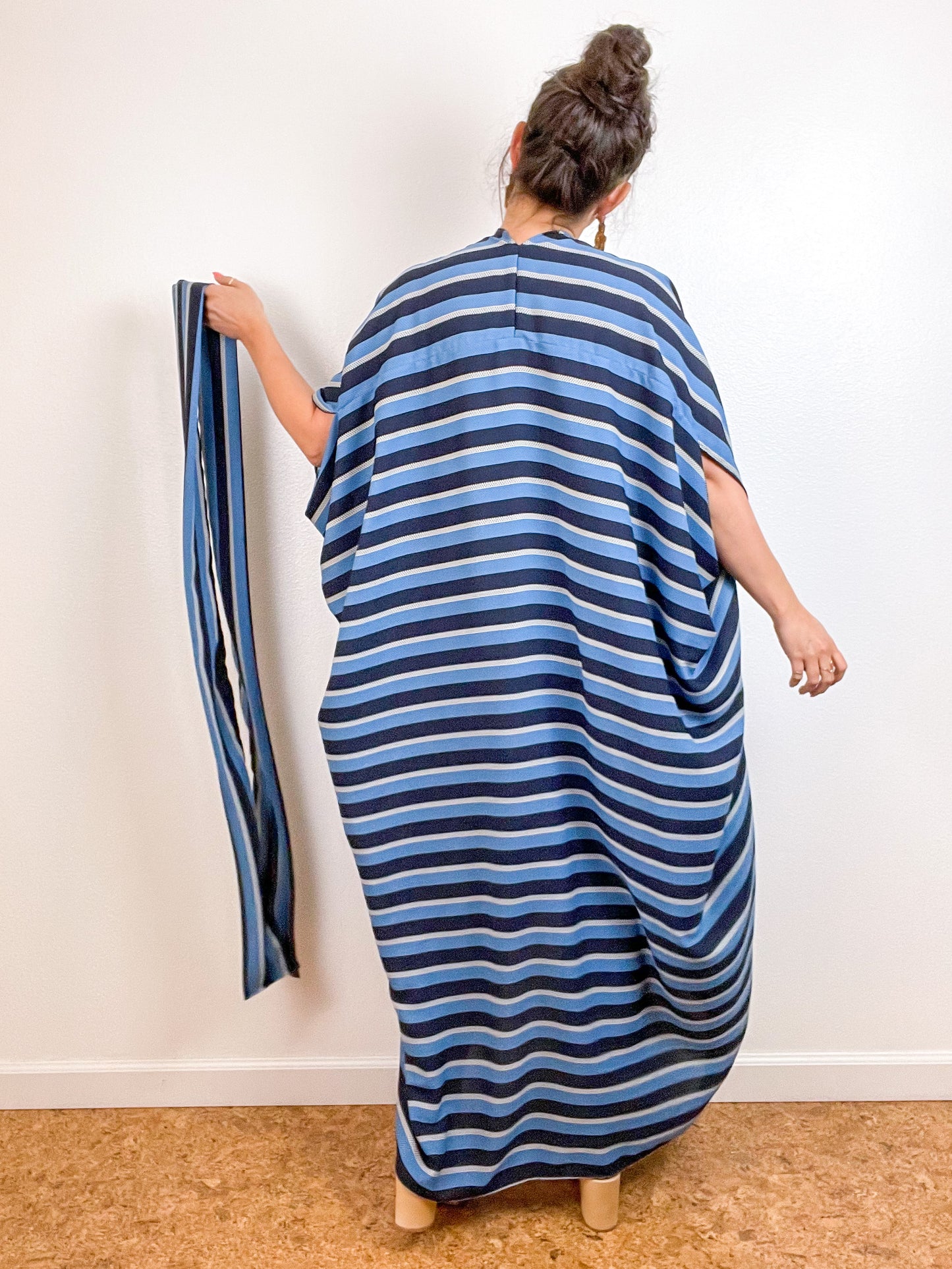 Print High Low Kimono Navy Blue Stripe Crepe