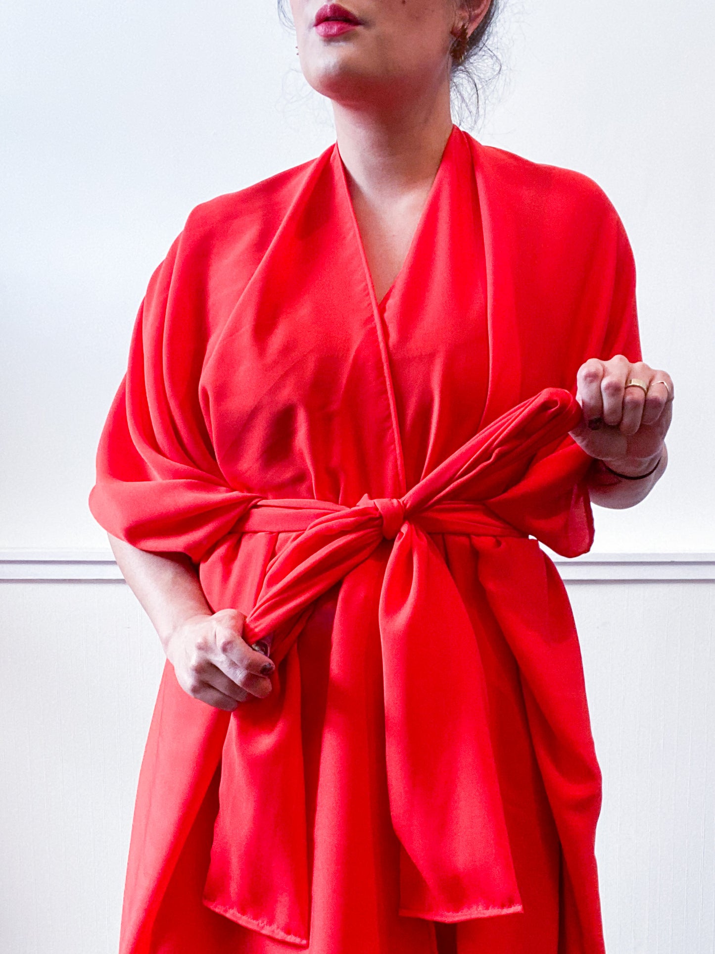 Solid High Low Kimono Scarlet Crepe de Chine