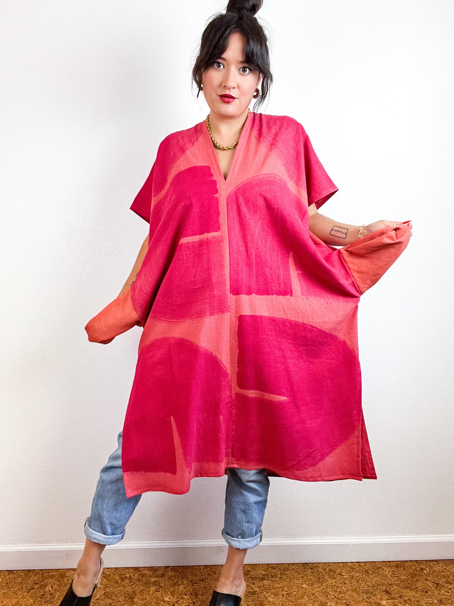 Hand-Dyed Midi Smock Dress Orange Fuchsia Brush