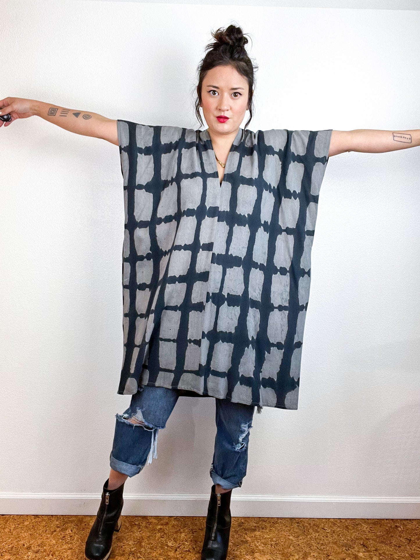 Hand-Dyed Mini Smock Dress Grey Black Windowpane