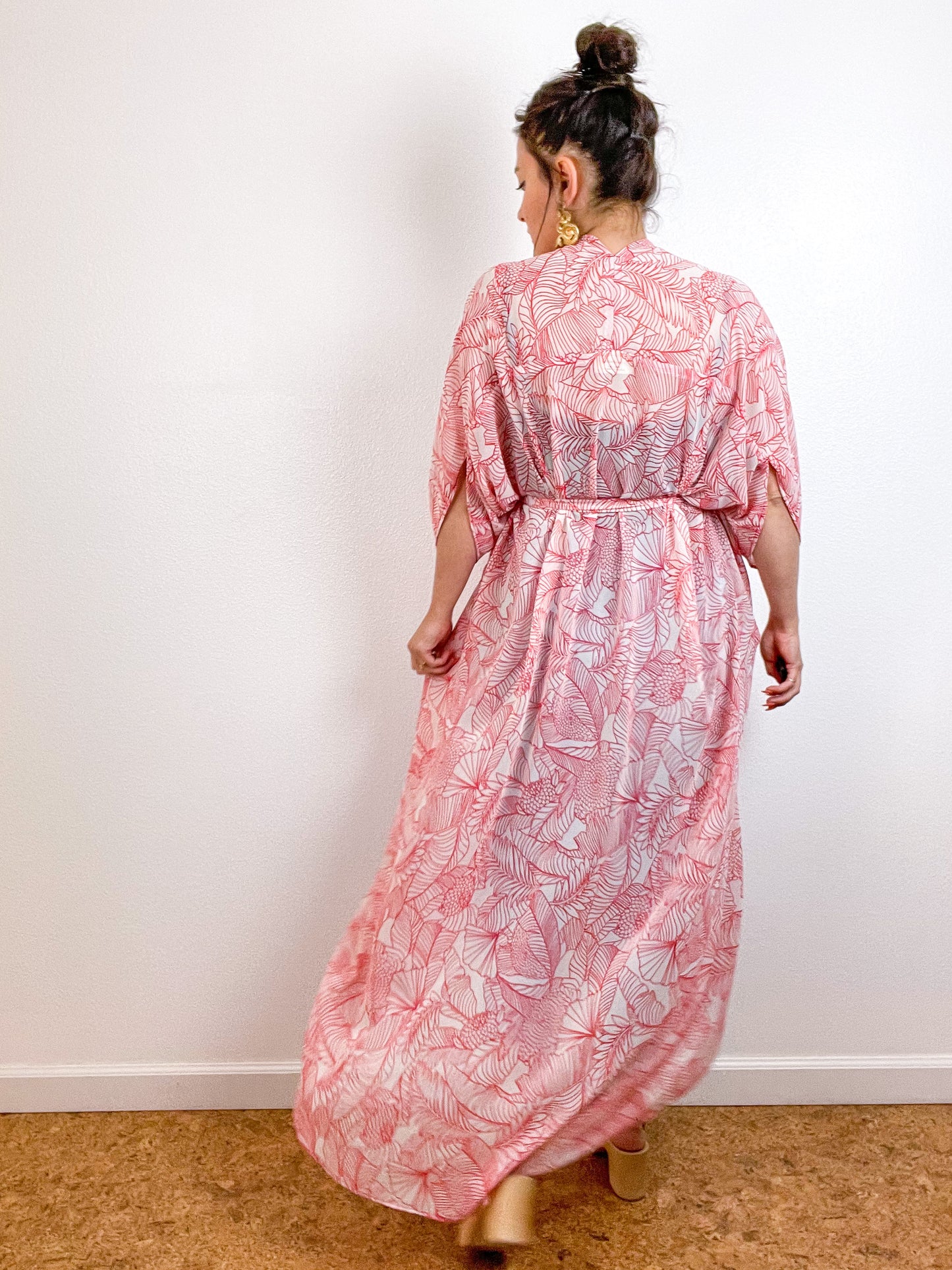 Print High Low Kimono Red Ivory Leaves Chiffon