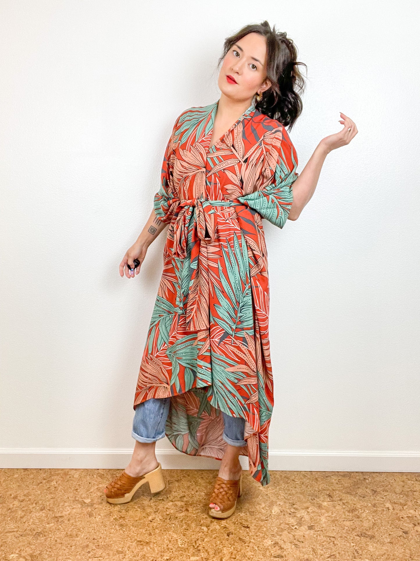 Print High Low Kimono Rust Aqua Palm Leaves Challis