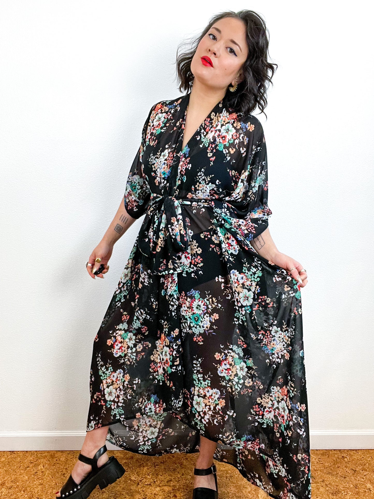 Print High Low Kimono Black Floral Bouquet Chiffon