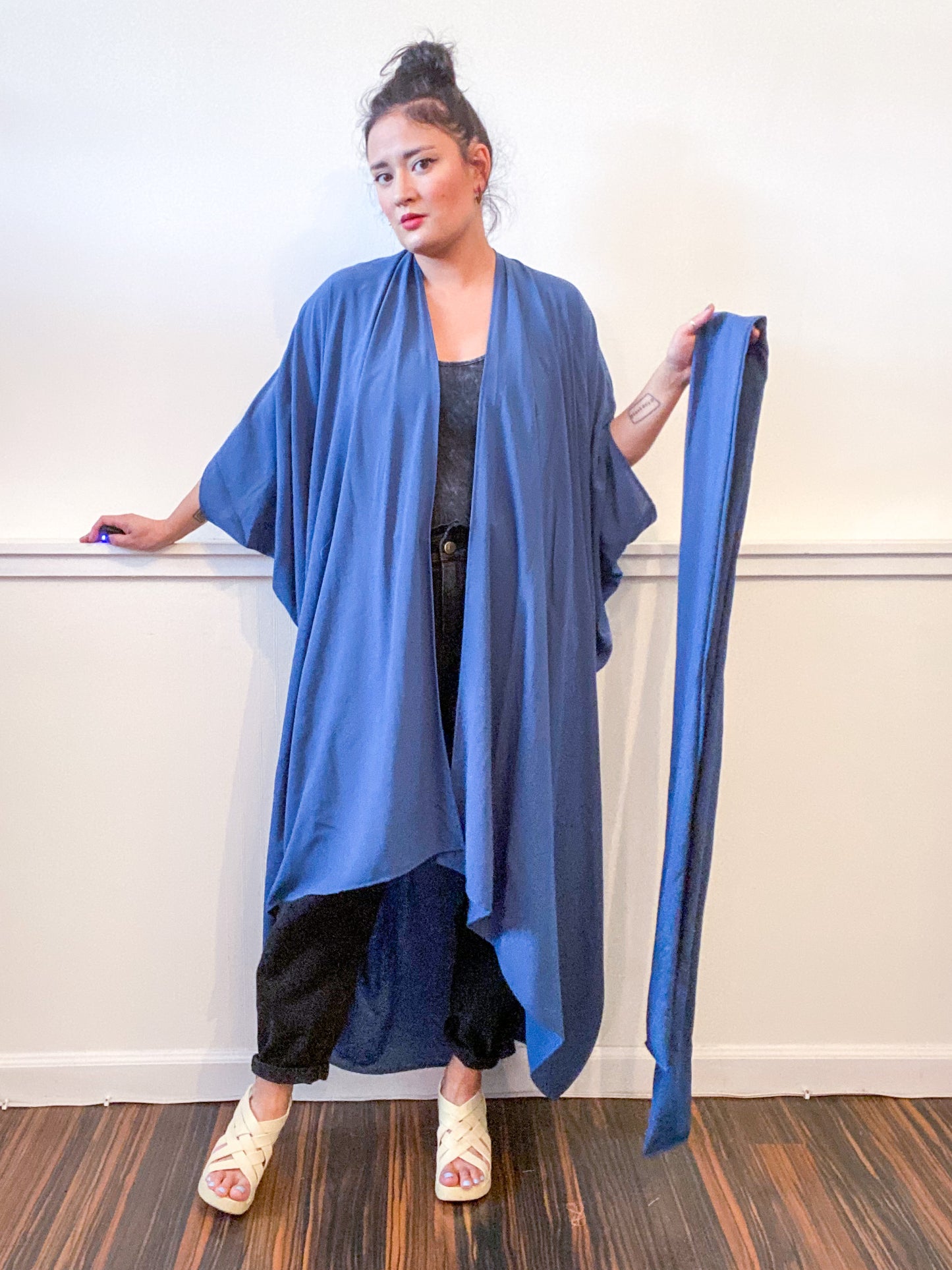 Solid High Low Kimono Classic Blue Rayon Challis