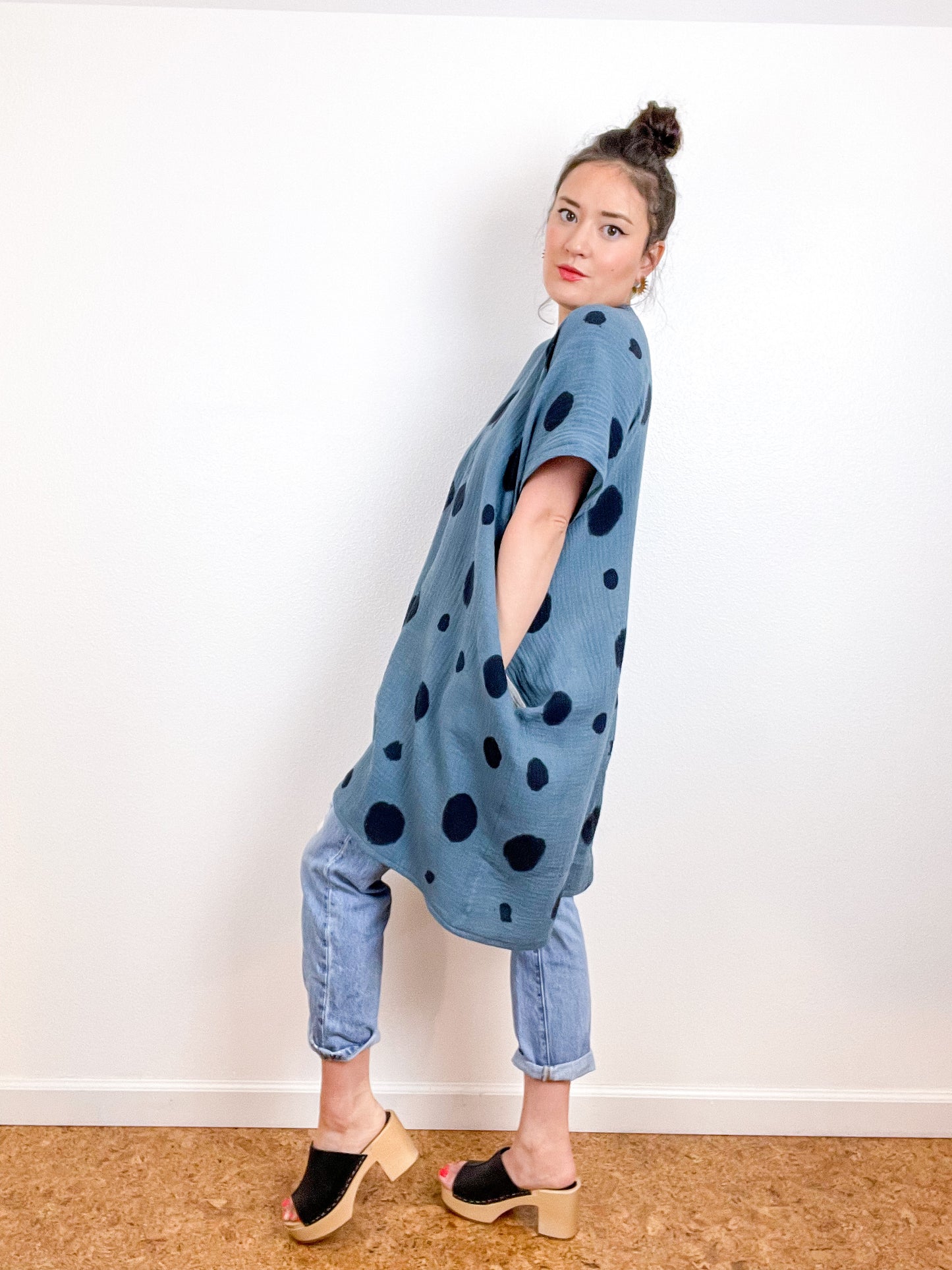 Hand-Dyed Double Gauze Smock Dress Spruce Dots