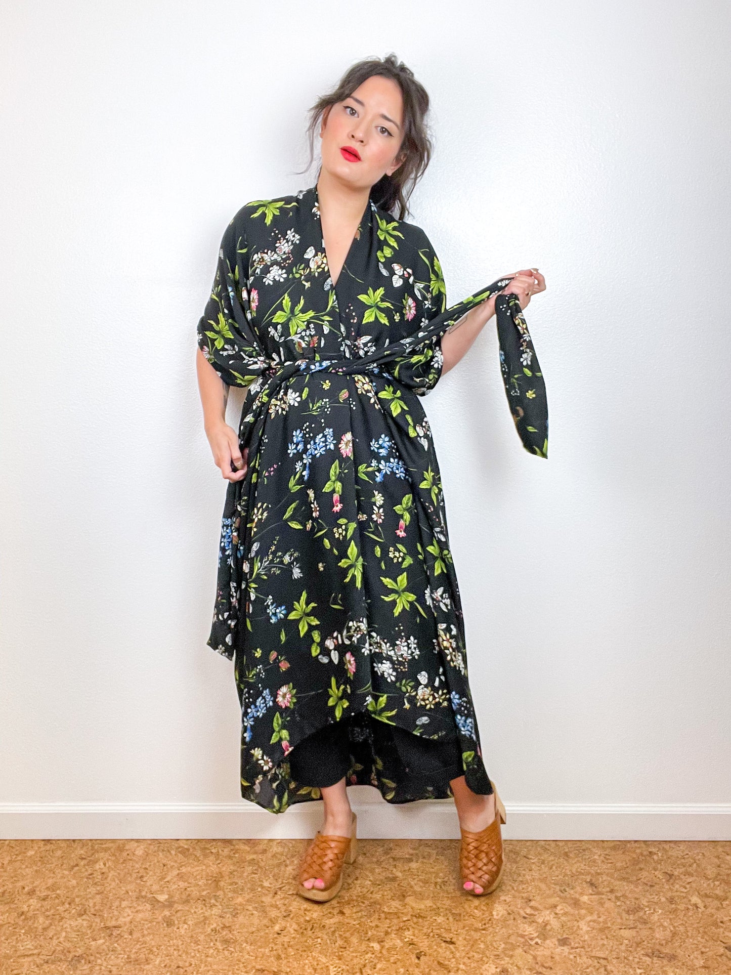 Print High Low Kimono Black Wildflower Crinkle Gauze
