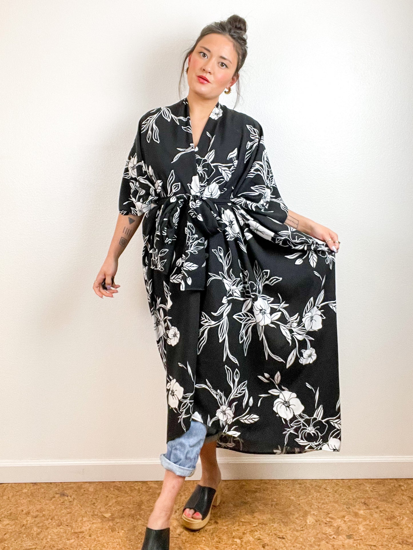 High Low Kimono Black White Floral Rayon Challis