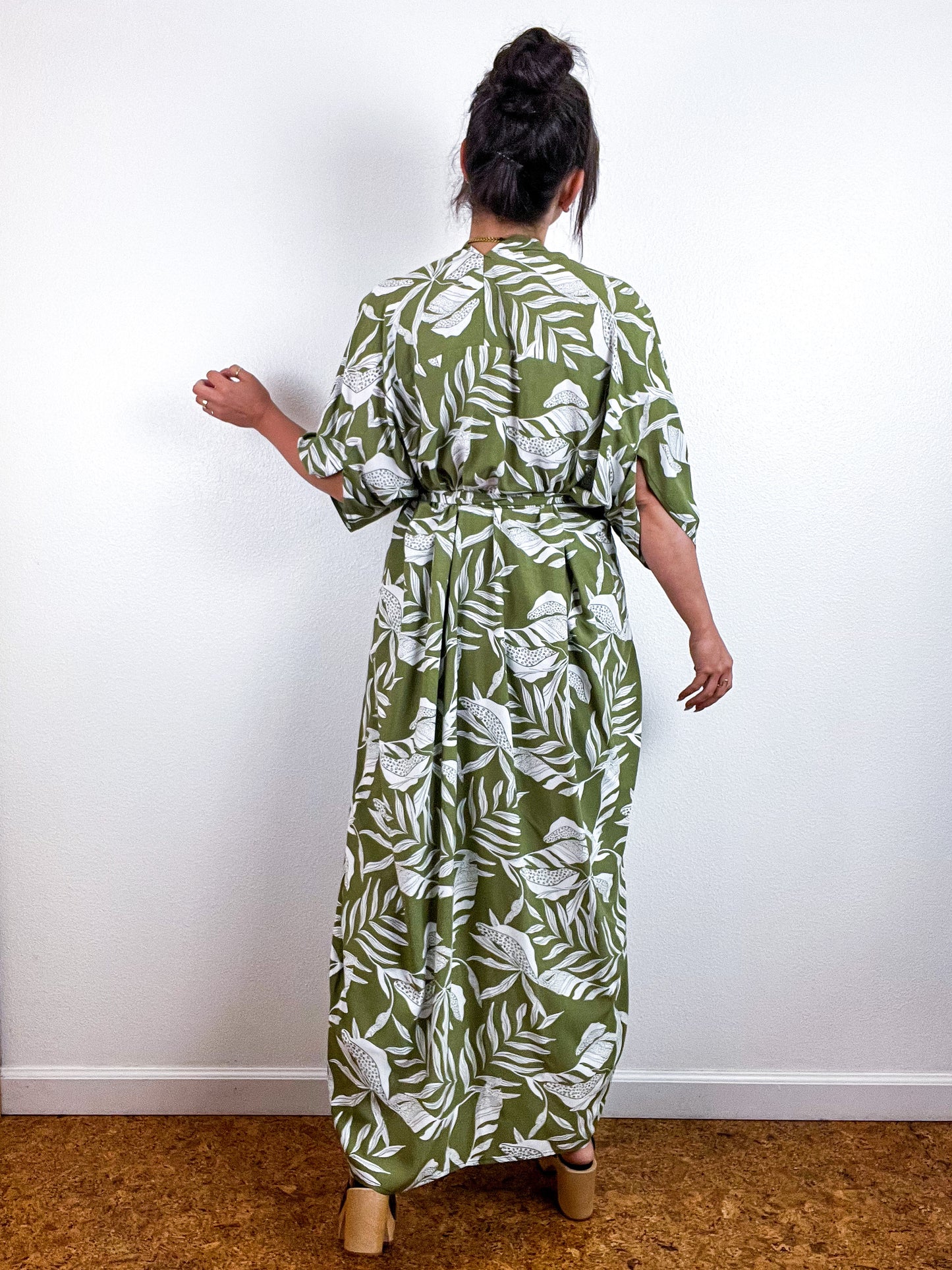 Print High Low Kimono Green Ivory Leaves Challis