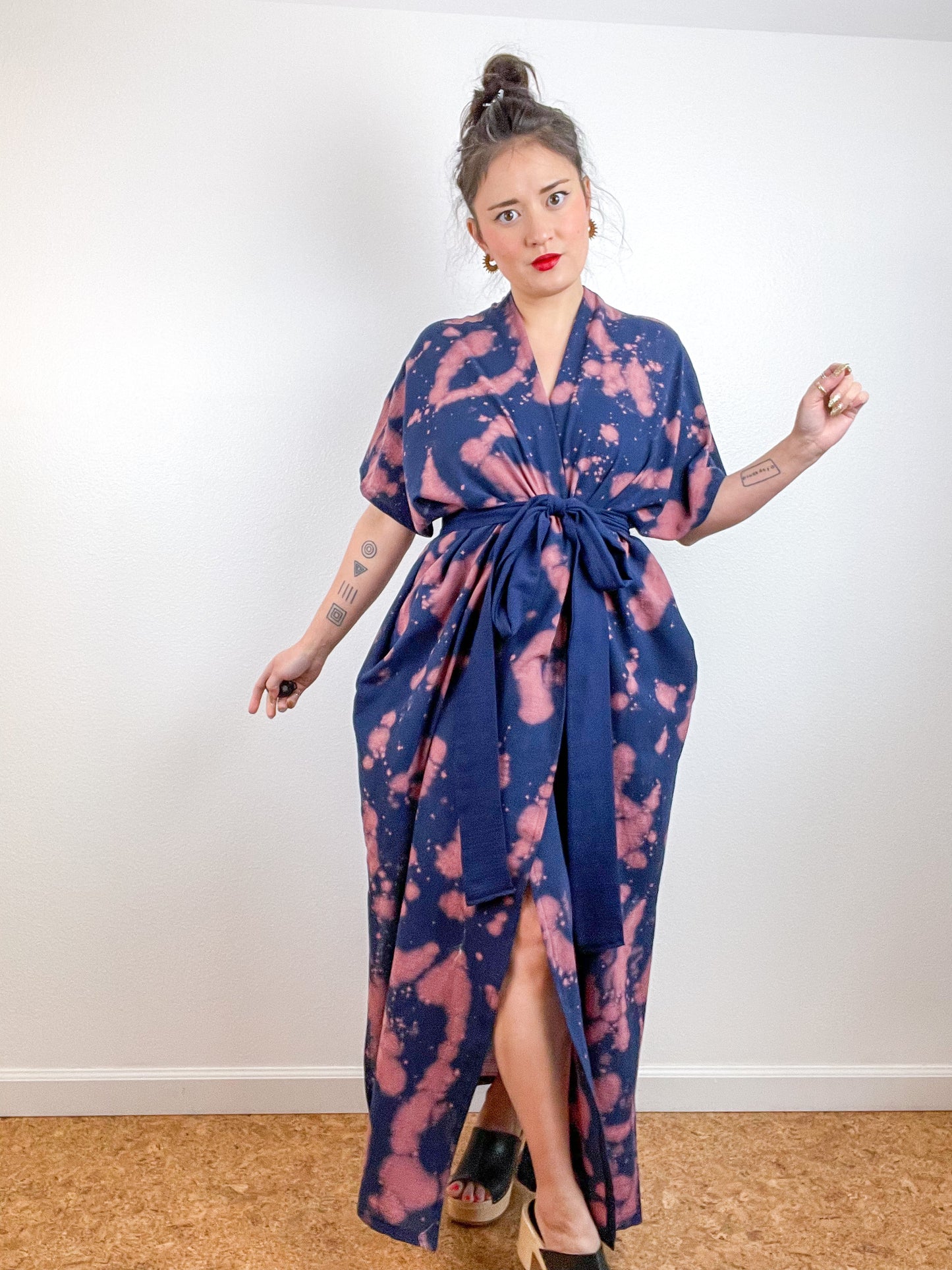 Single Gauze Duster Kimono Navy Peach Speckle
