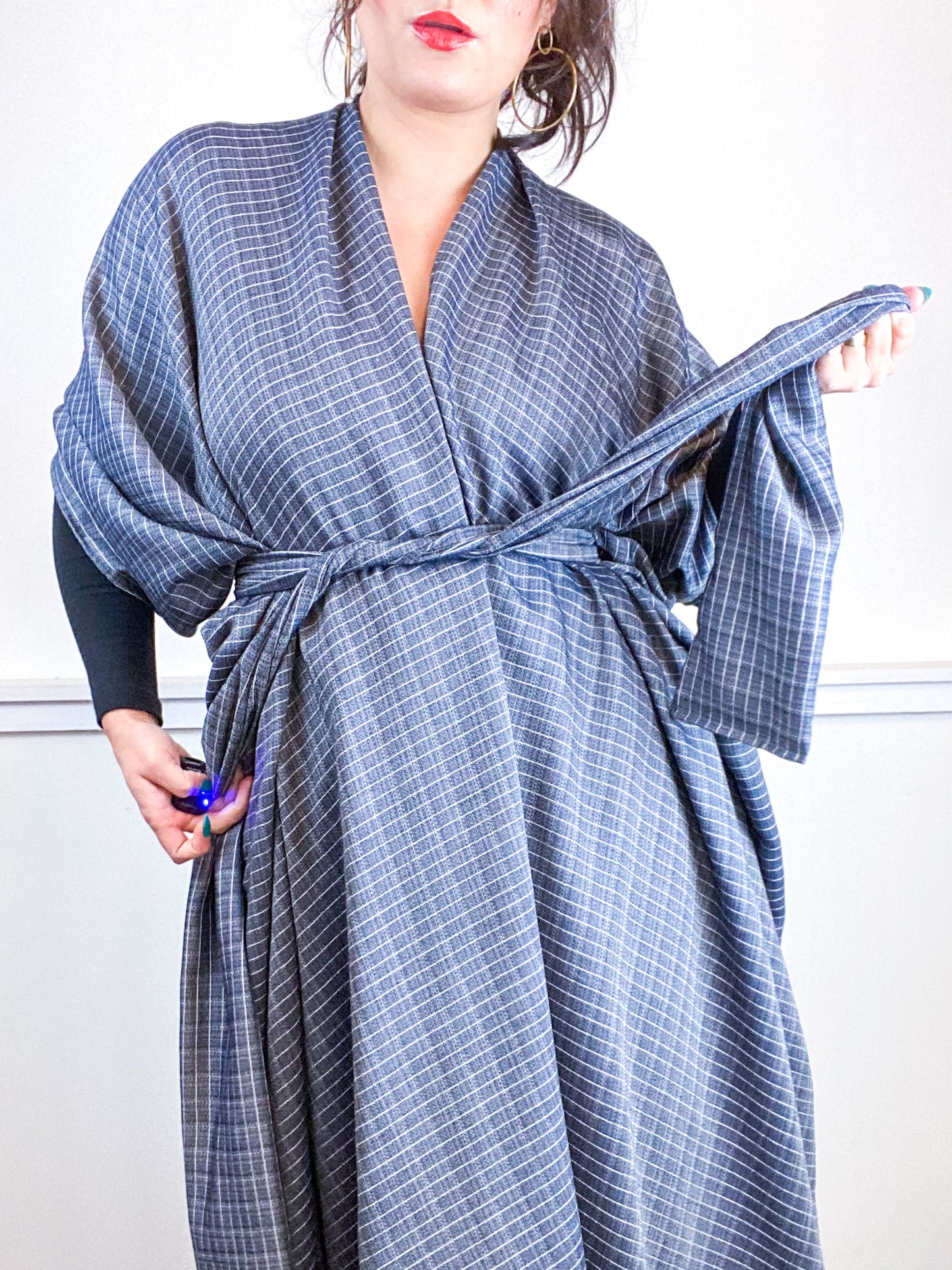Print High Low Kimono Grey Woven Rayon