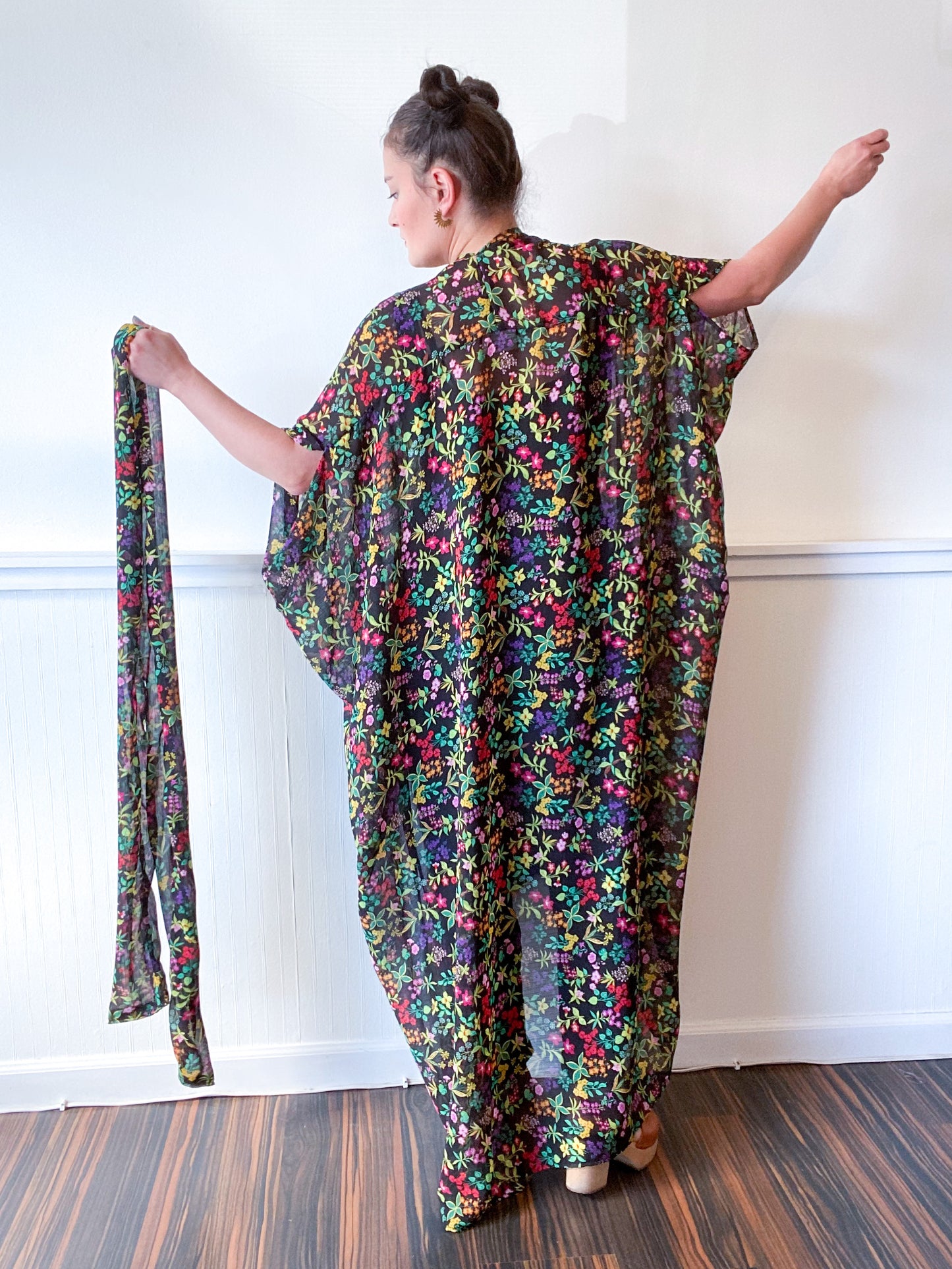 Print High Low Kimono Black Multicolor Floral Crinkle Chiffon