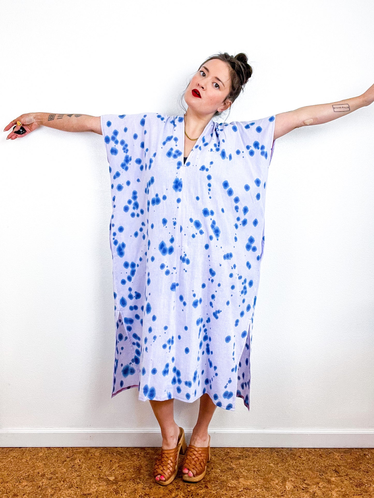 Single Gauze Midi Caftan Dress Lilac Blue Speckle