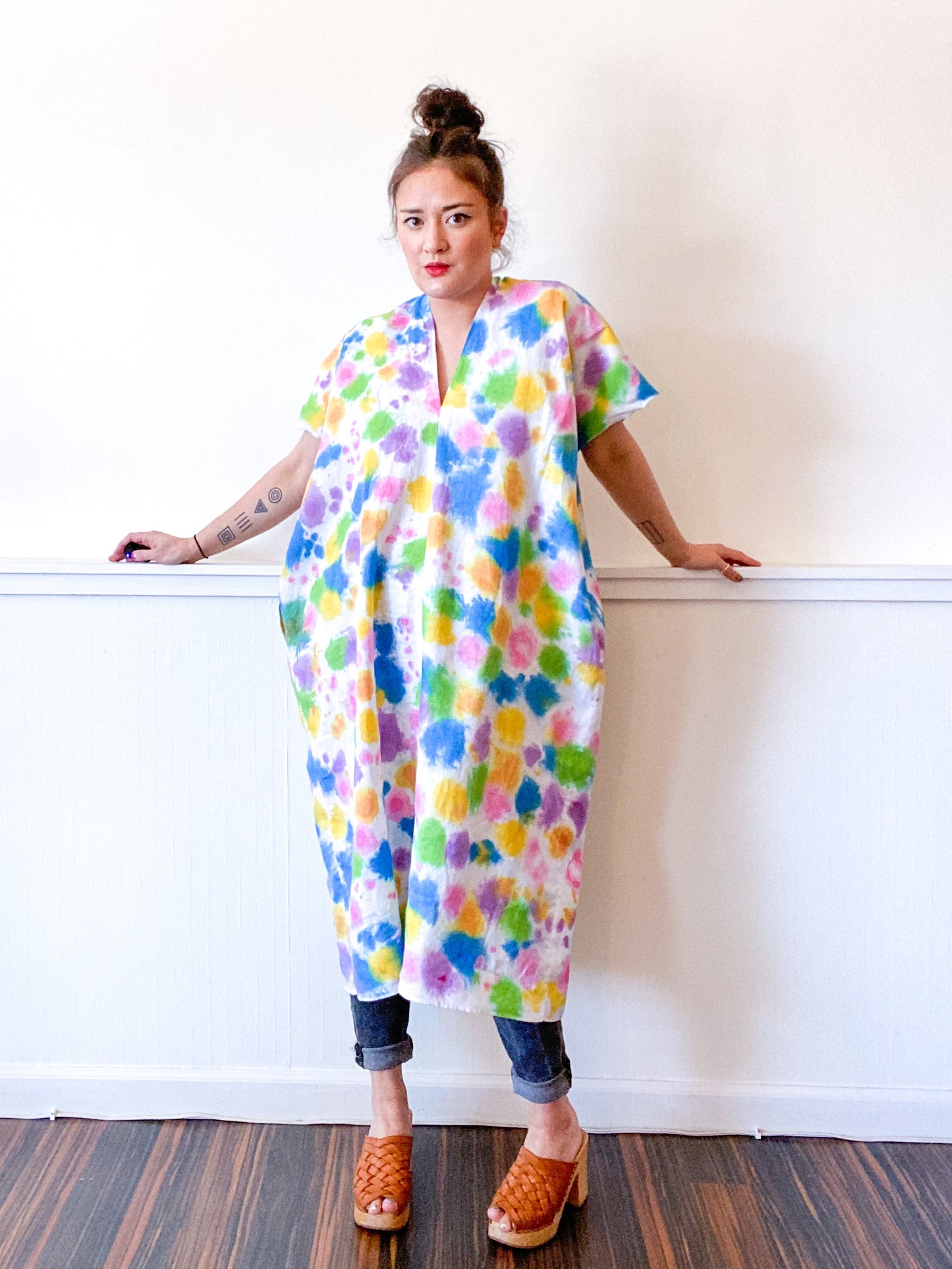 Hand-Dyed Linen Smock Dress Rainbow Dots