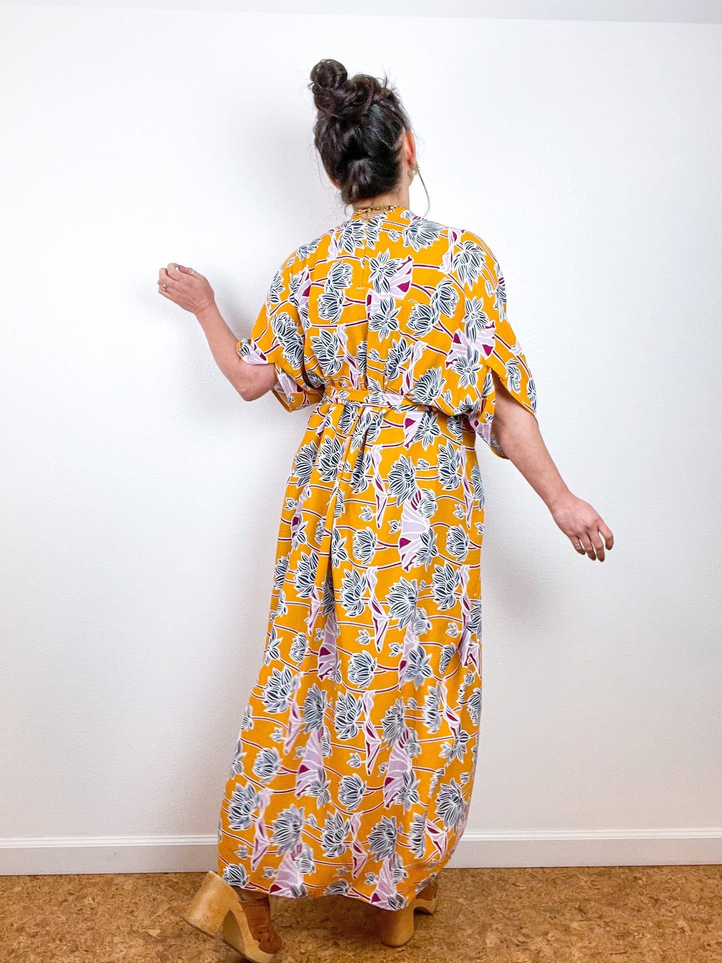 High Low Kimono Marigold Lotus Rayon Crepe