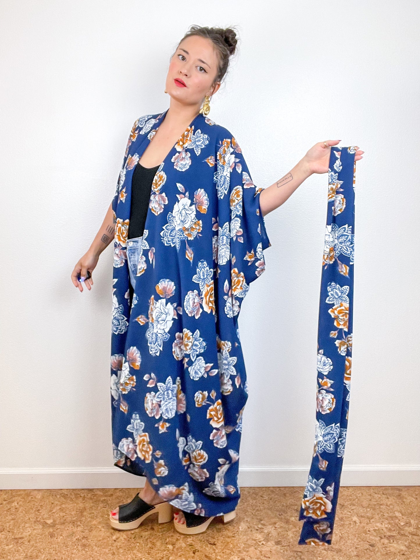 Print High Low Kimono Navy Fall Floral Bubble Crepe