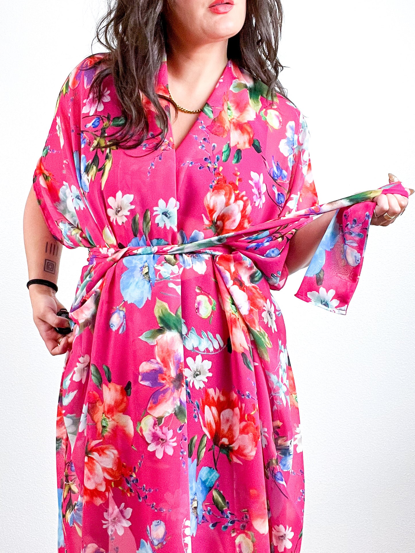 Print High Low Kimono Fuchsia Floral Chiffon