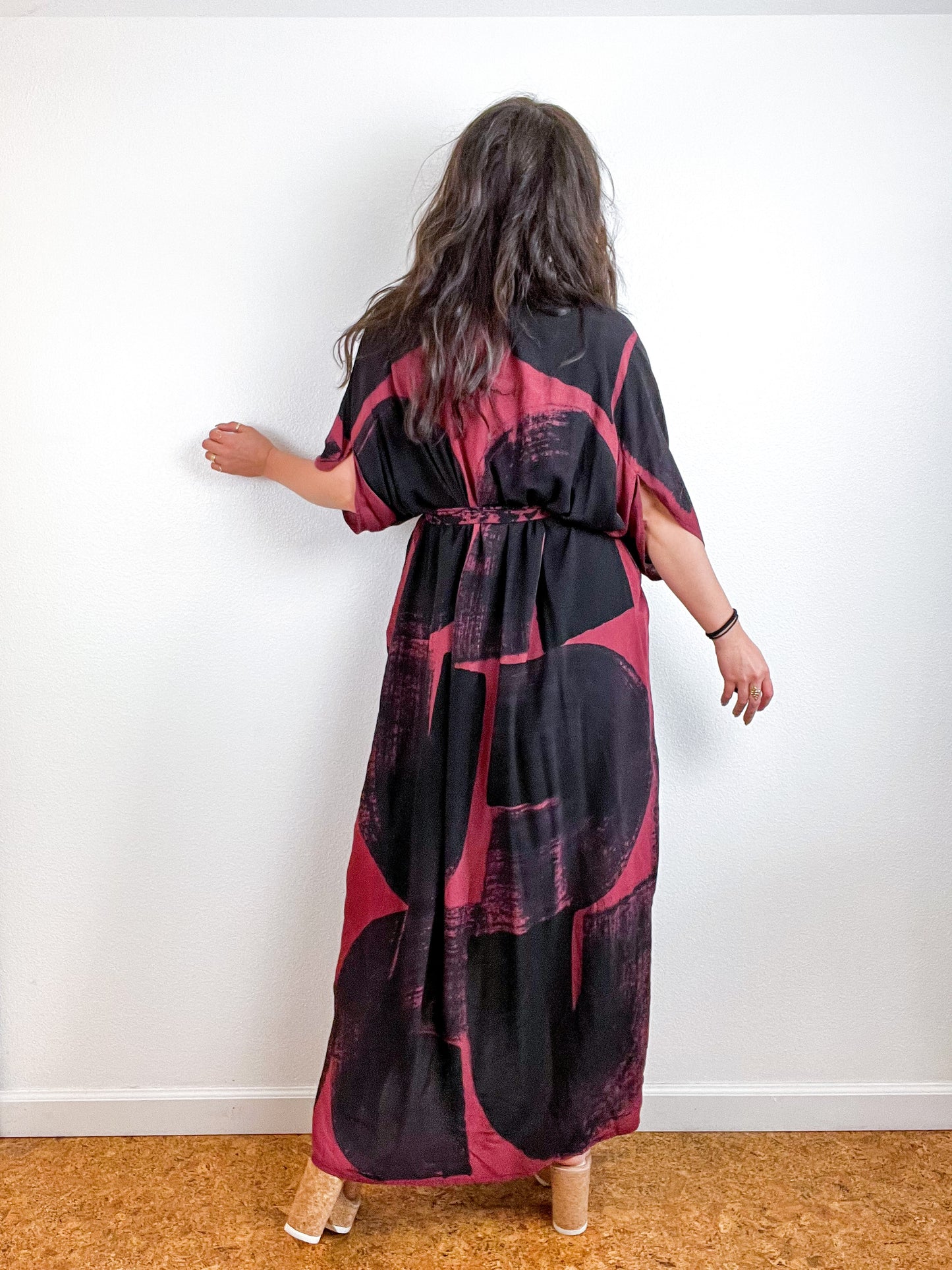 Hand-Dyed High Low Kimono Maroon Black Brushstroke