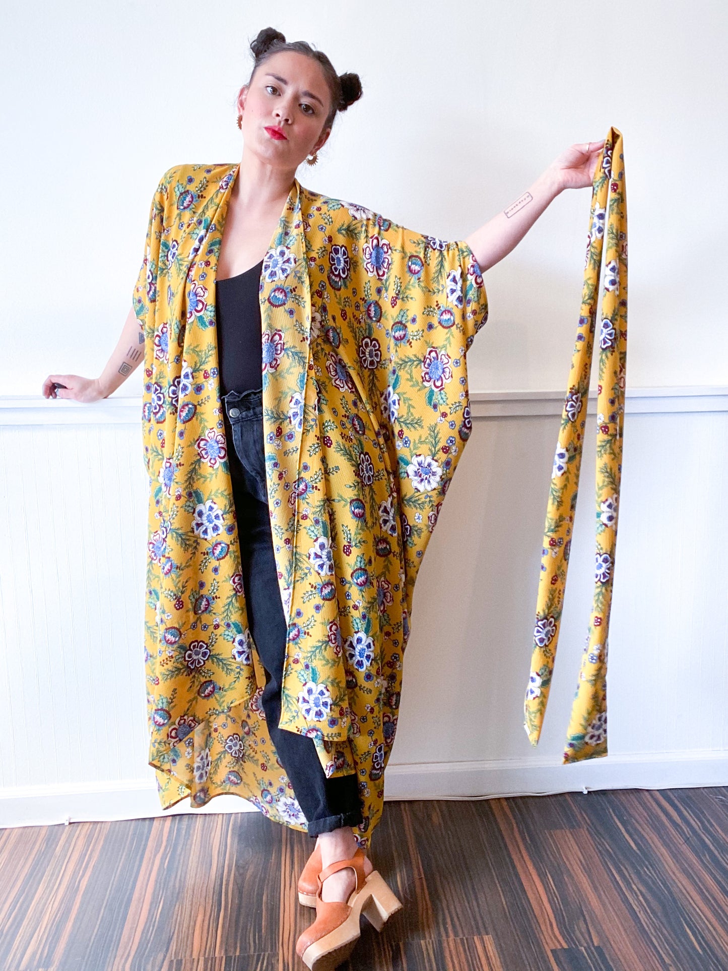 Print High Low Kimono Marigold Floral Bubble Crepe