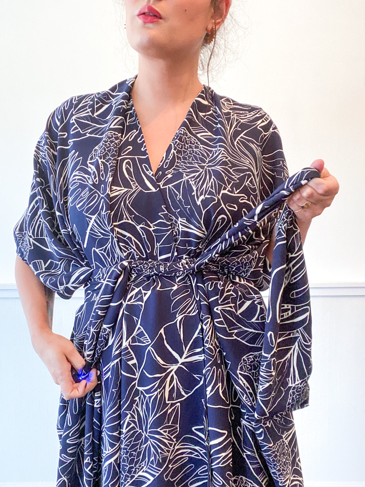 Print High Low Kimono Navy Pineapple Tropical Heavy Crepe
